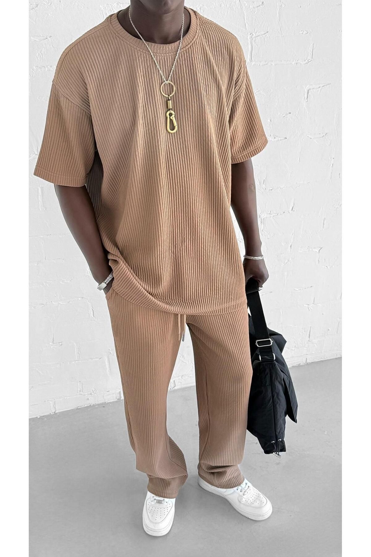 ablukaonline Erkek Yıkamalı Renk Geçişli Oversize T-Shirt Kahve Beyaz