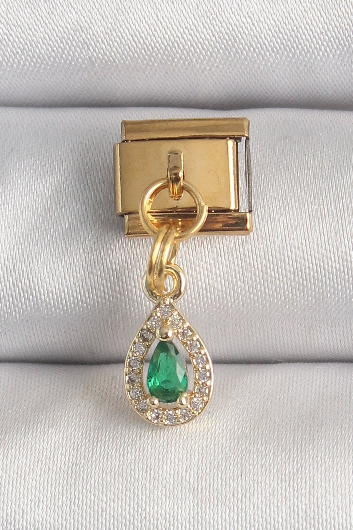 luz&pos 316L Çelik Gold Renk Sallantı Damla Yeşil Zirkon Taşlı Nomination Charm