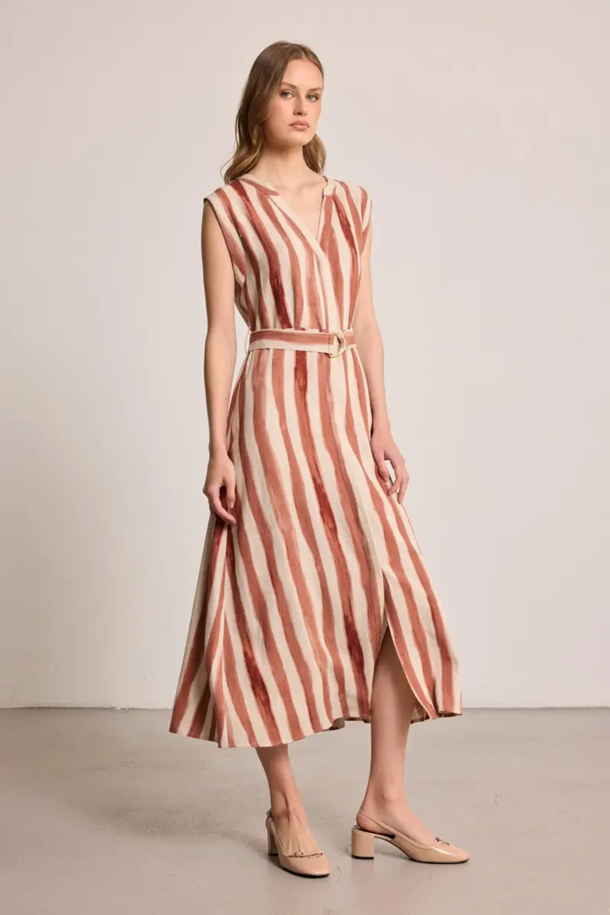 Butterfly Collection Long Linen Dress with Belt Buckle - Beige