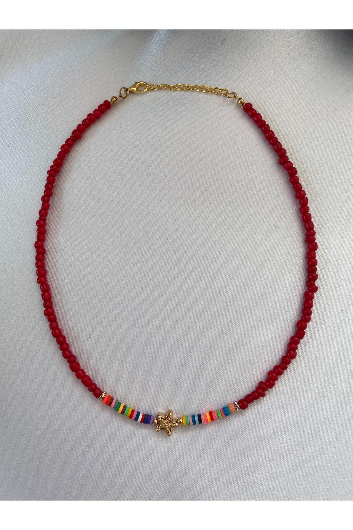 HEDİYEM EVİME Yıldız Figürlü Kum Boncuklu Kolye Kırmızı Renk
