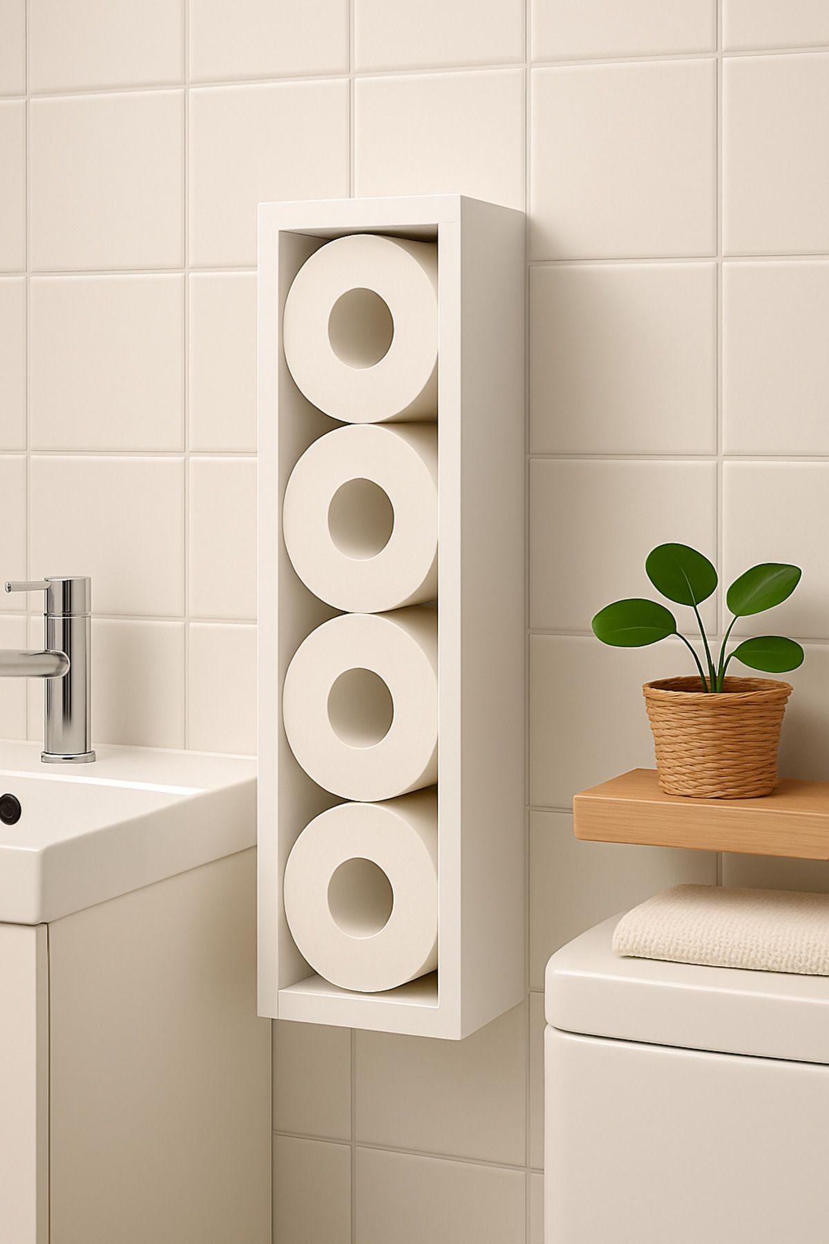 MARMAWOOD Dikey Tuvalet Kağıtlığı – 4 Rulo Kapasiteli – Duvara Monte – Beyaz MDF – Minimalist Tasarım