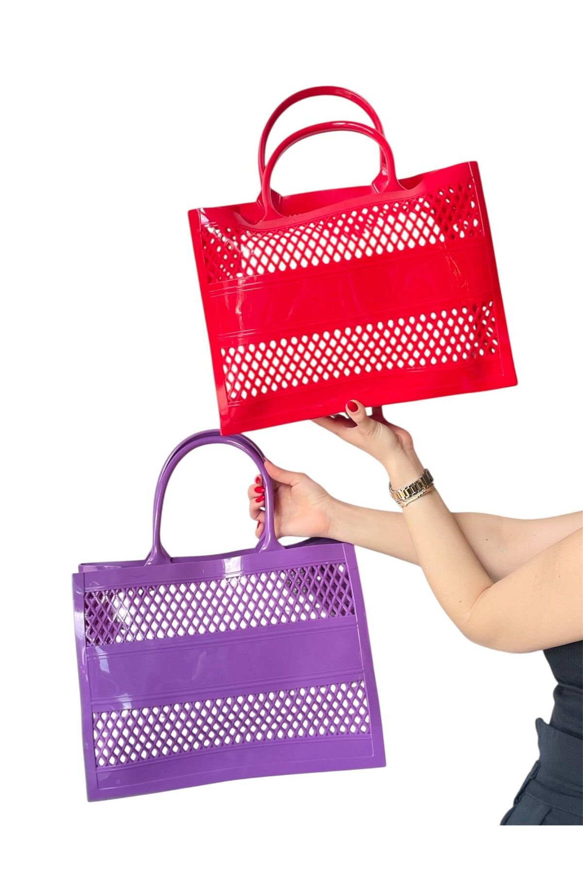 MyladyAccessoriess Kırmızı Ve Mor İçi Boş Plaj Çantası Mor