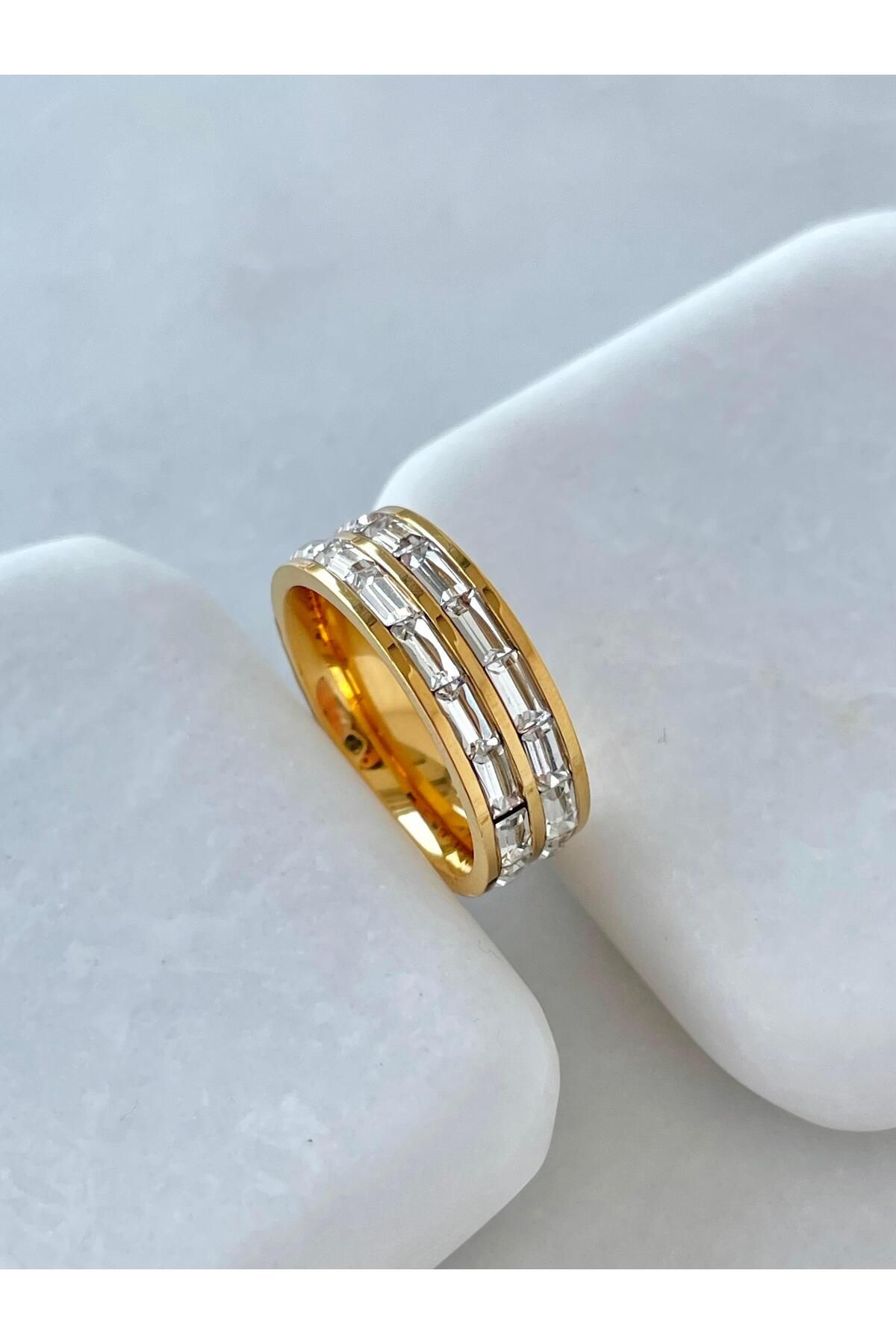 Seda Bijuteri Çelik Baget Taşlı Çift Sıra Yüzük Gold