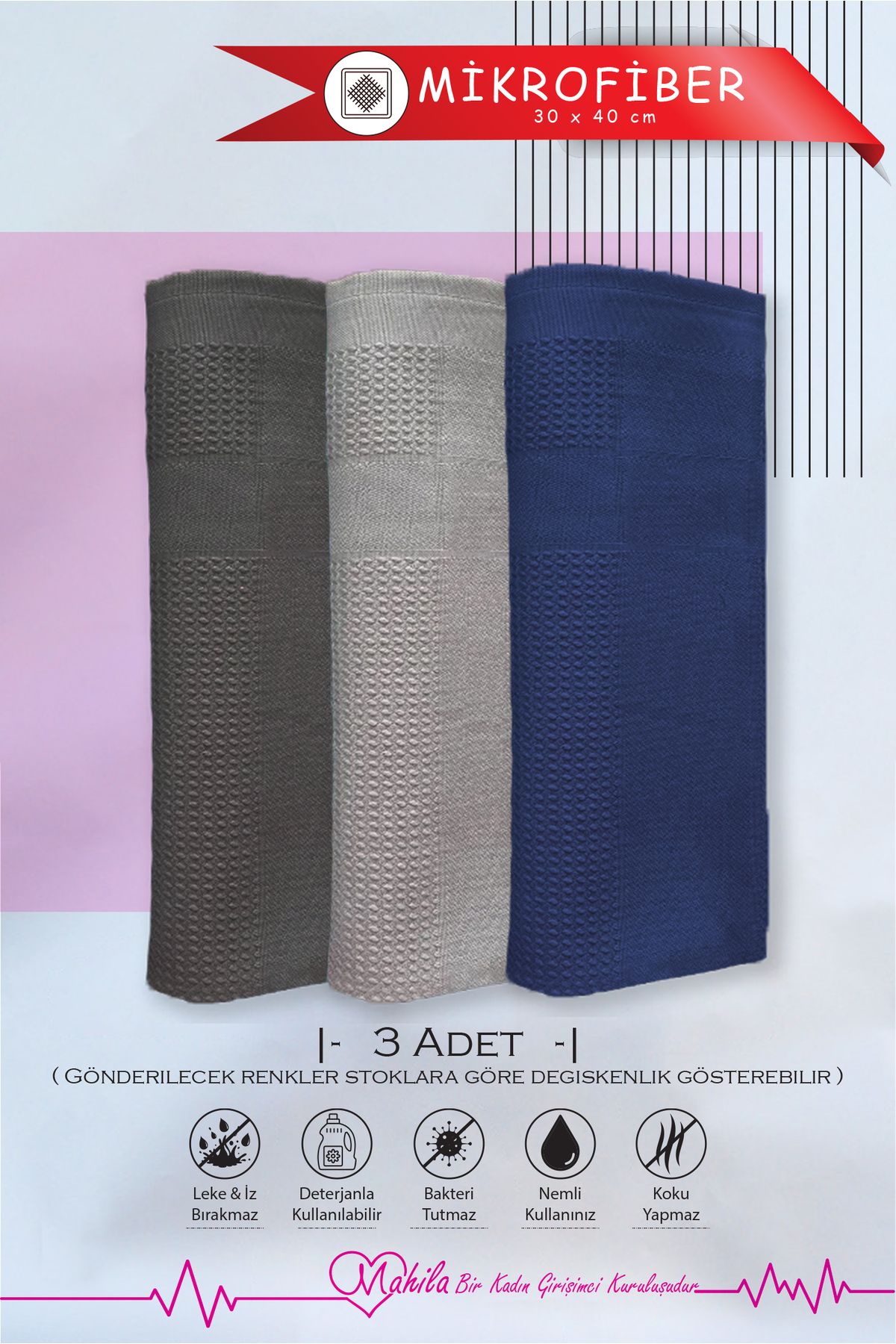 Mahila Premium Bez, 3 Adet 30x40cm Sihirli Bez, Mikrofiber Temizlik Bezi, İz Bırakmaz Bez, Cam Ayna Bezi