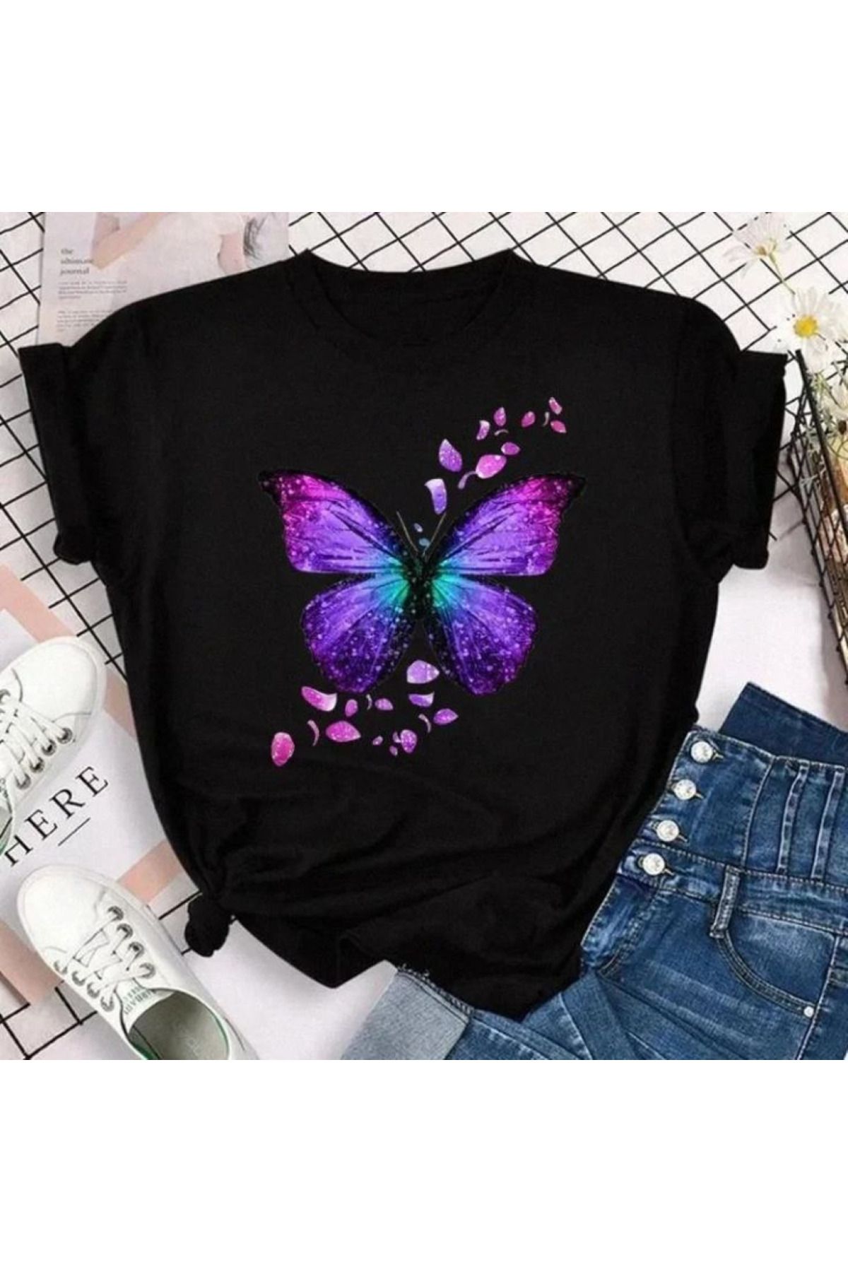 aynewmoda Kelebek Baskılı Kısa Kollu Yuvarlak Yaka Tişört
