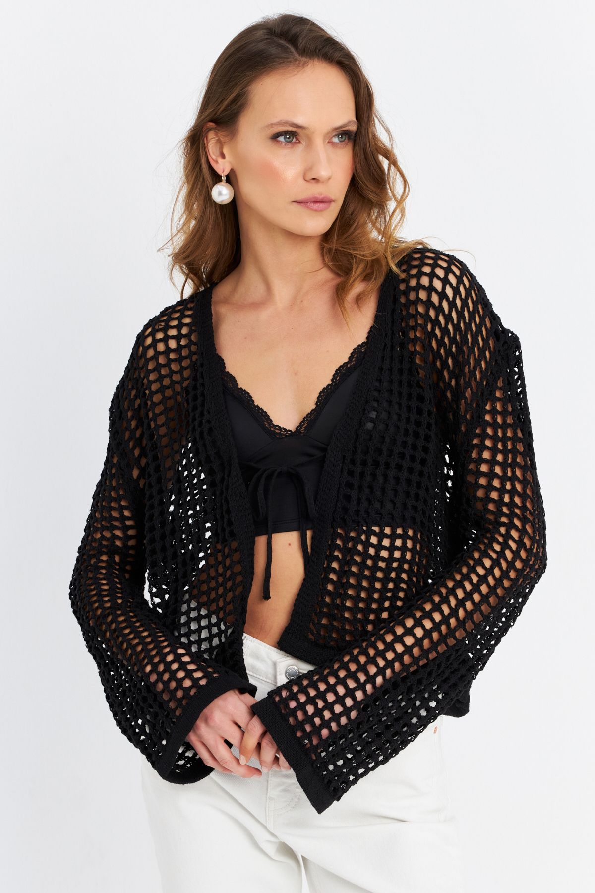 Cool & Sexy Kadın Siyah Ajurlu İspanyol Kol Hırka DS200-90