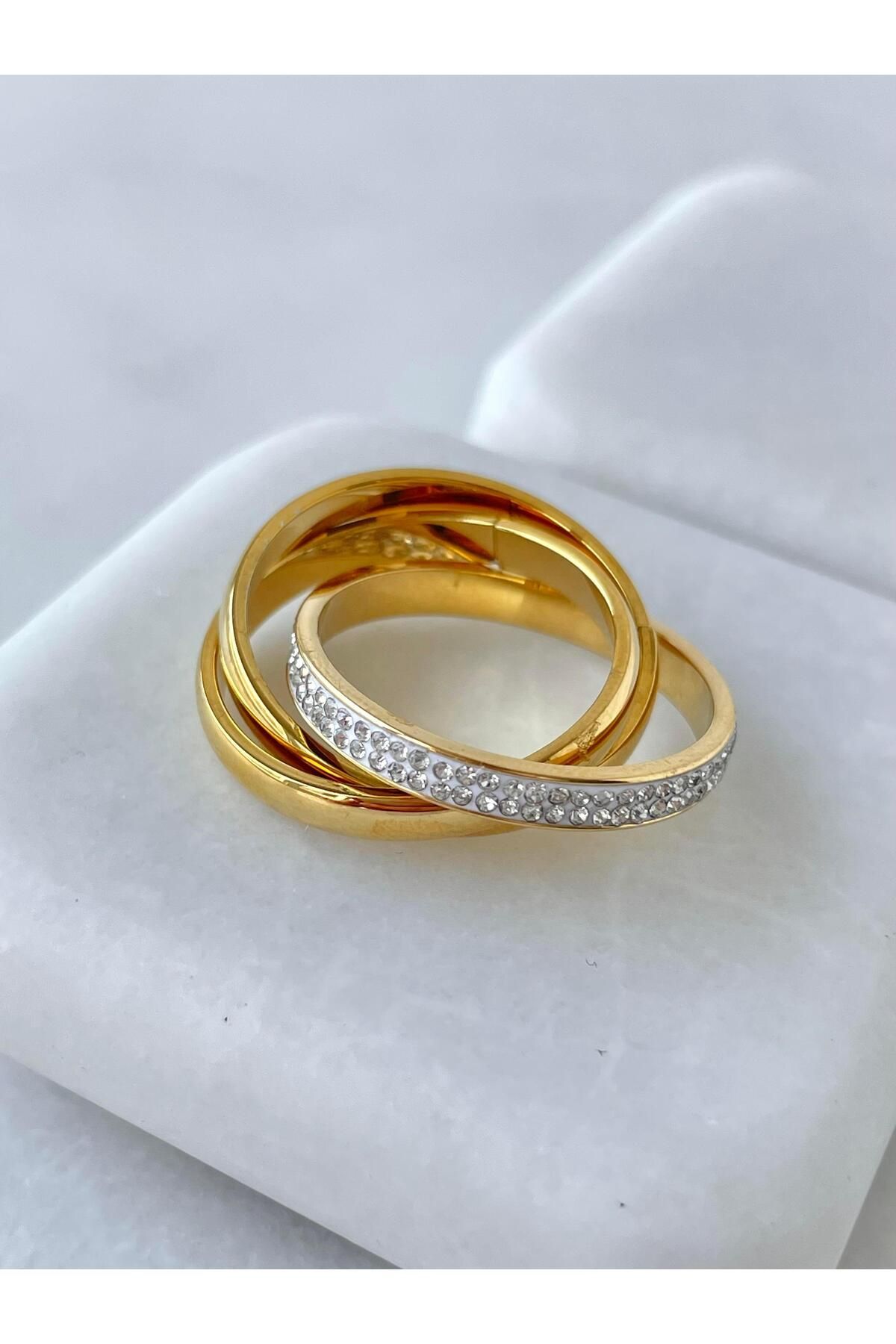 Seda Bijuteri Çelik Zirkon Taşlı Üçlü Çapraz Yüzük Gold