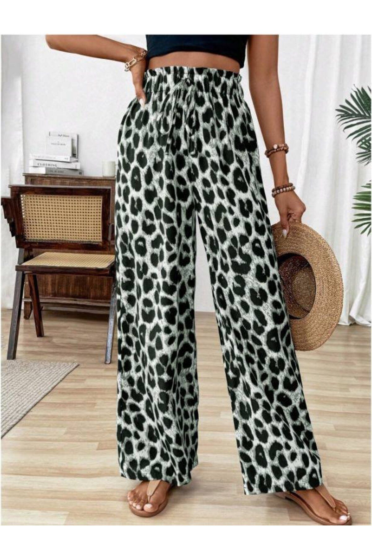 Eserden Kadın Süprem Kumaş Beli Lastikli Leopar Desen Pantolon