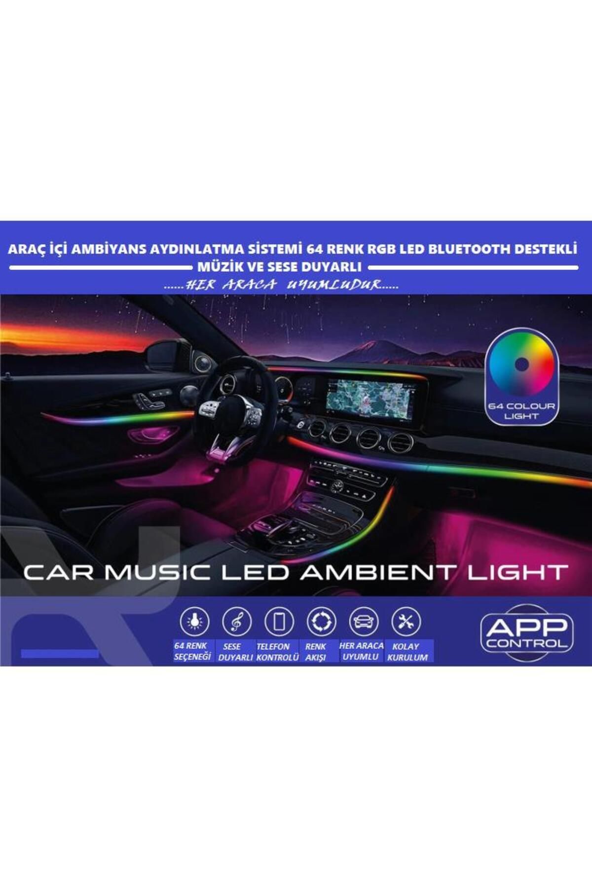 Marka Araç İçi Ambiyans Aydınlatma Sistemi 64 Renk RGB LED Bluetooth Destekli - Müzik ve Ses Duyarlı