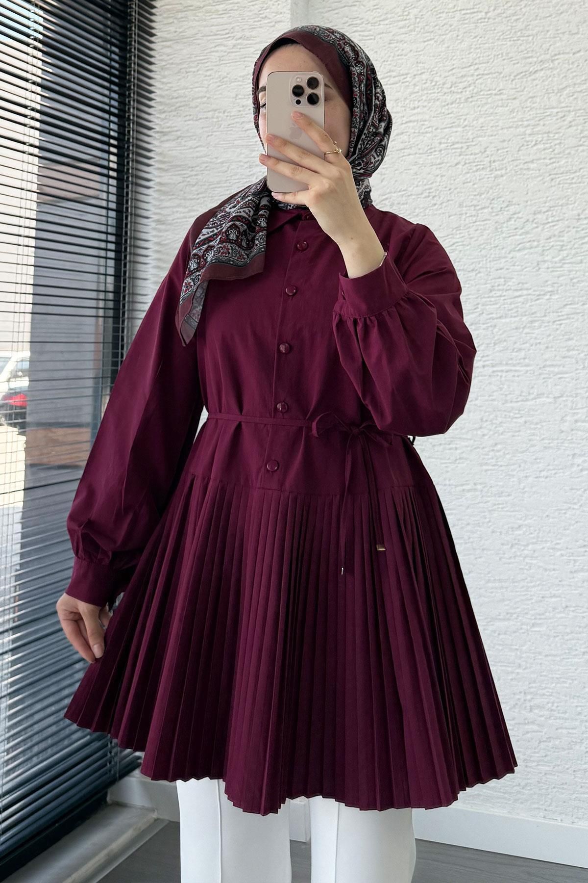 MELEK ARAZ Etek Pileli Poplin Tunik - Bordo