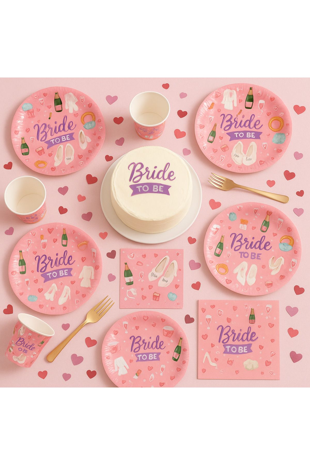 UVERTE Bride To Be Pembe Çiçek Desenli 8 Kişilik Tabak Bardak Seti Bekarlığa Veda Partisi Süsleri