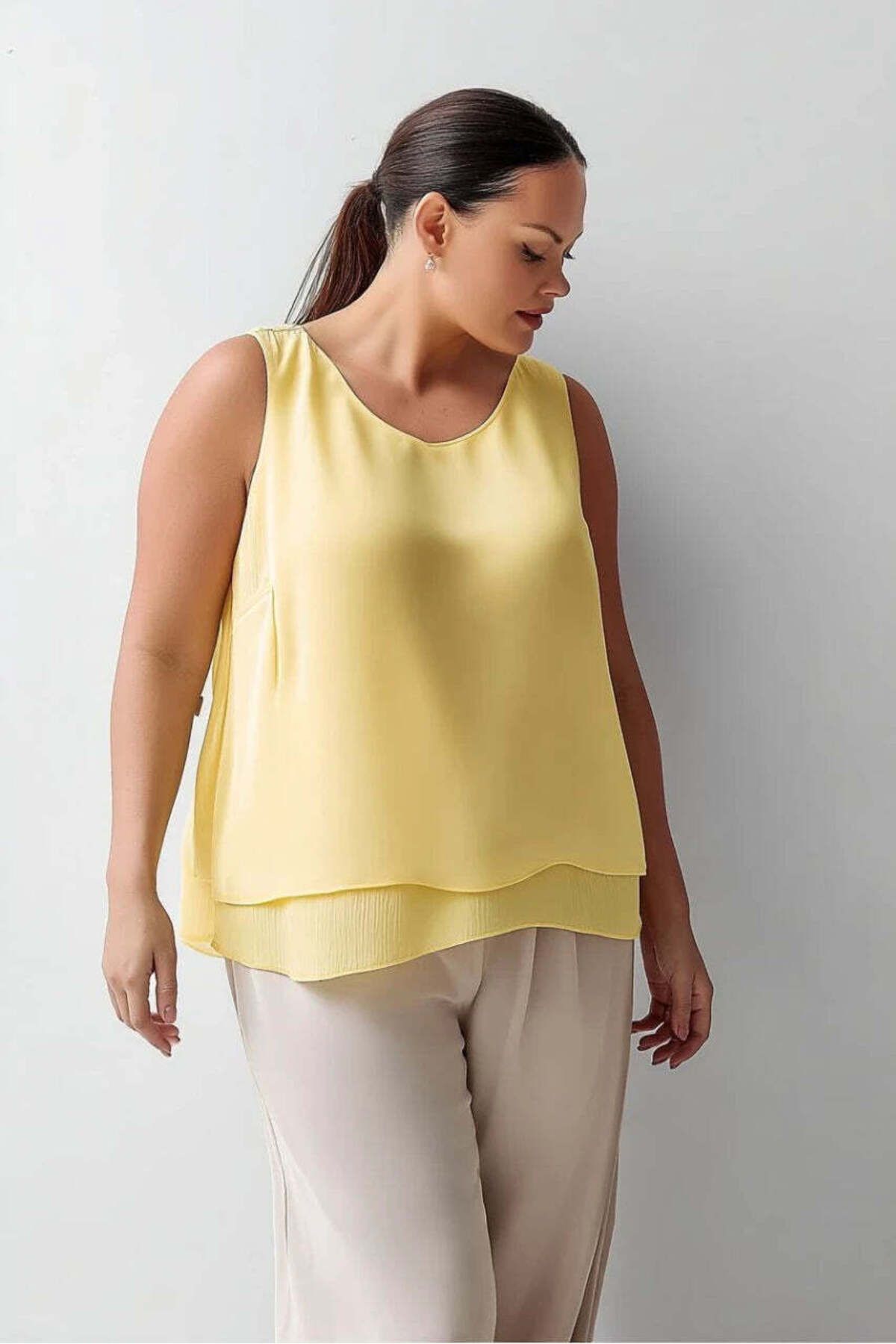 Hanezza-Plus Size Crepe Fabric Layered Strap Blouse 3