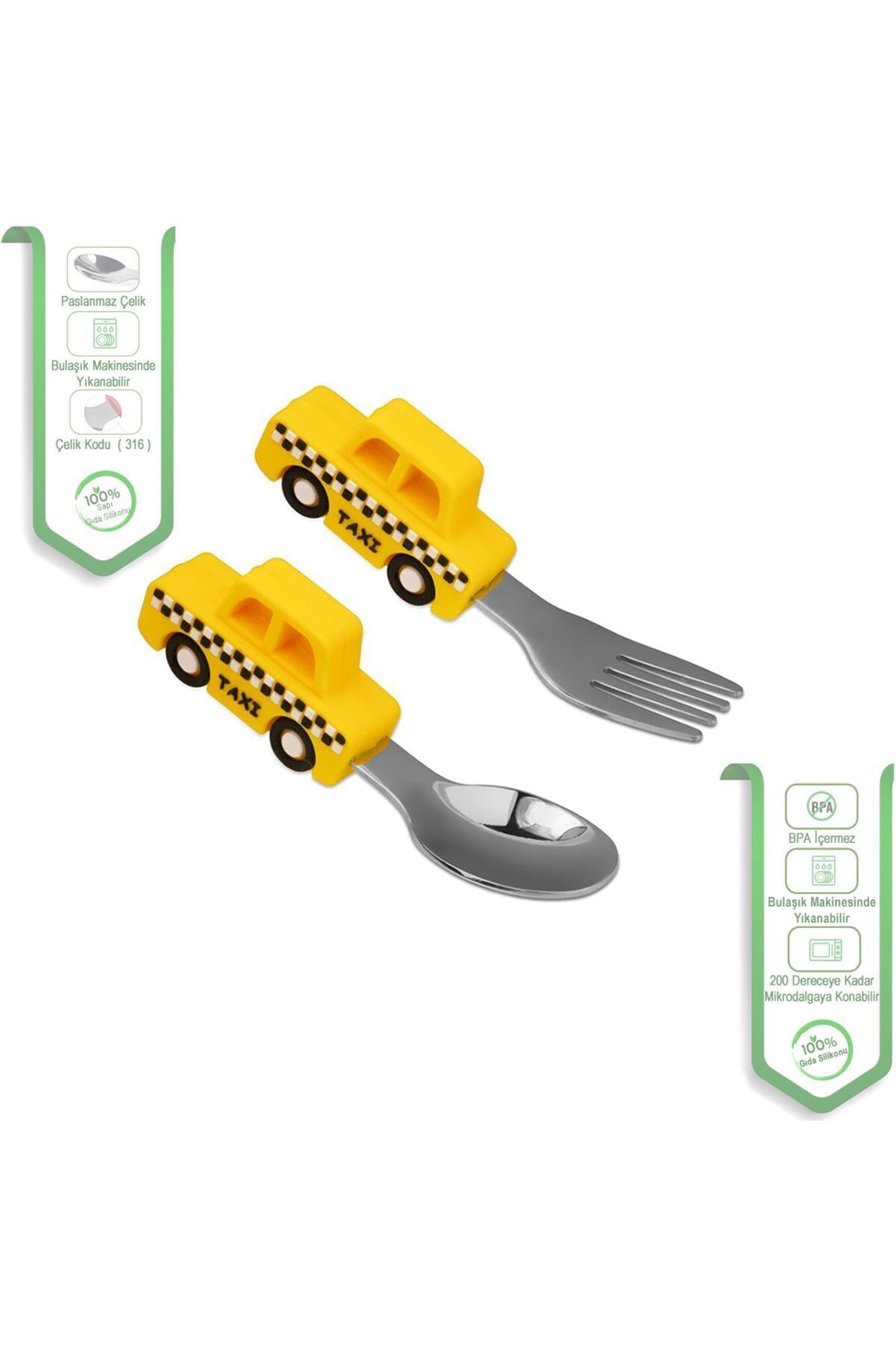 jojobebek Taksi Figürlü Premium Bebek BPA Free Kaliteli Silikon Saplı Paslanmaz Çelik Uçlu Kaşık-Çatal Seti fotoğrafı 4 (önizleme)