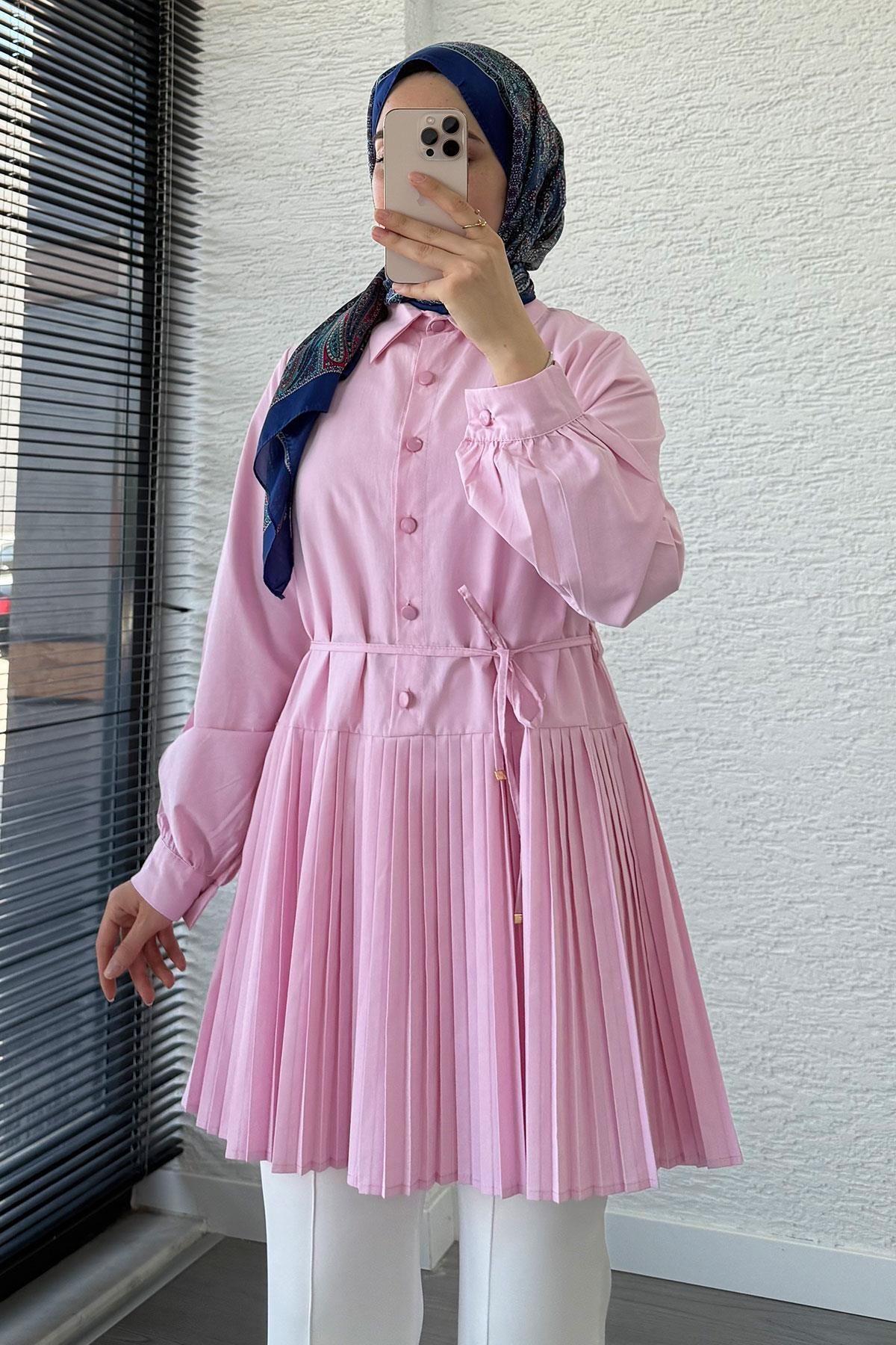 MELEK ARAZ Etek Pileli Poplin Tunik - Pembe