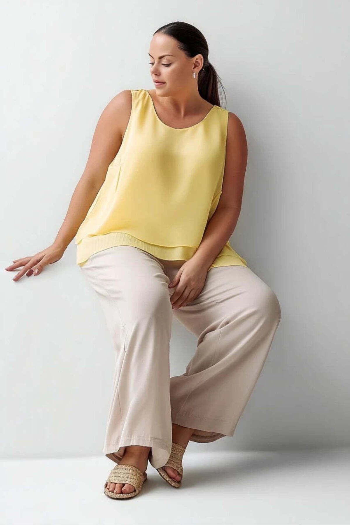 Hanezza-Plus Size Crepe Fabric Layered Strap Blouse 5