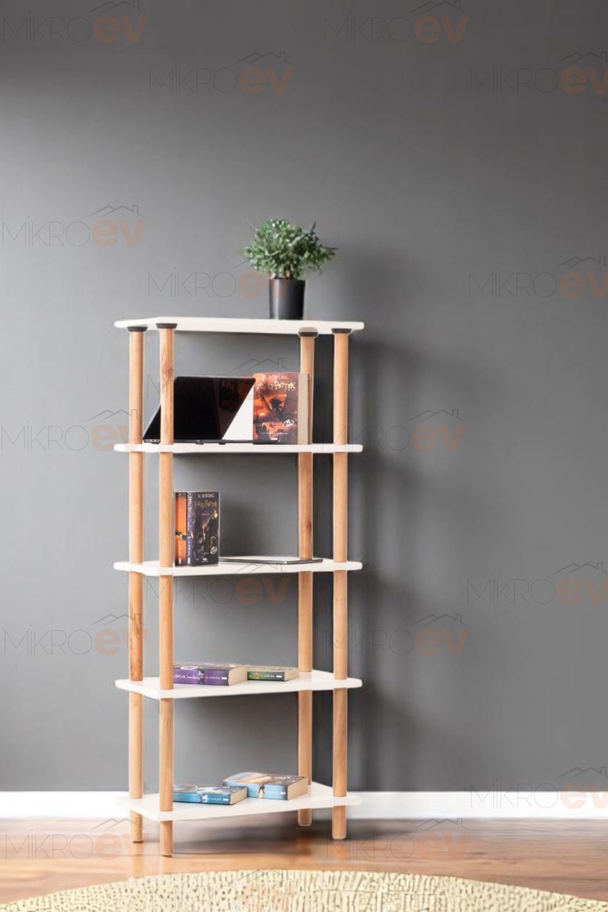 MikroEv Pia Beyaz 5 Raflı Çok Amaçlı Kitaplık
