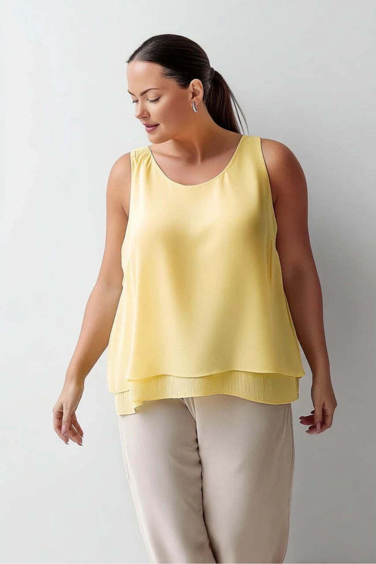 Hanezza-Plus Size Crepe Fabric Layered Strap Blouse 2