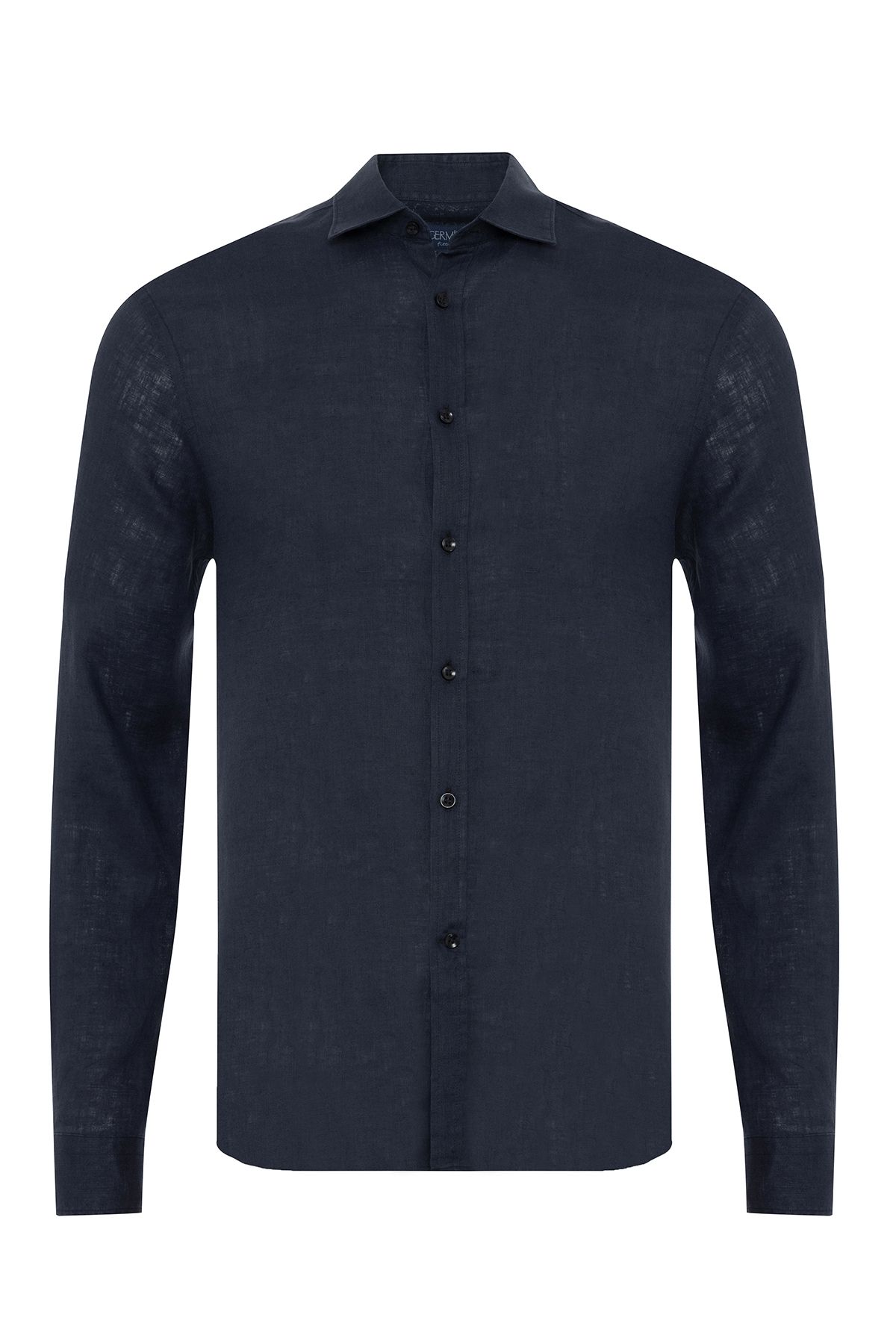 Germirli Lacivert Soft Yaka Tailor Fit Keten Gömlek