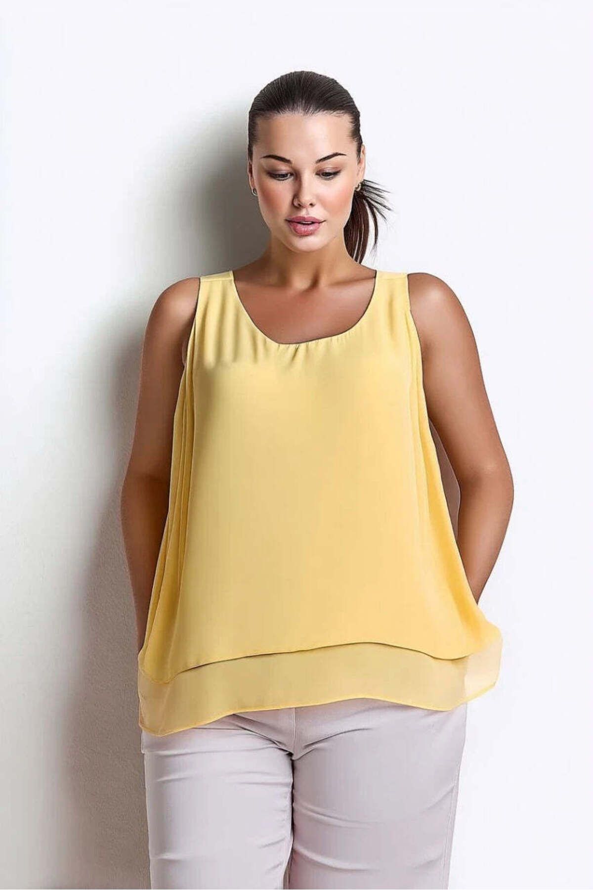 Hanezza-Plus Size Crepe Fabric Layered Strap Blouse 8