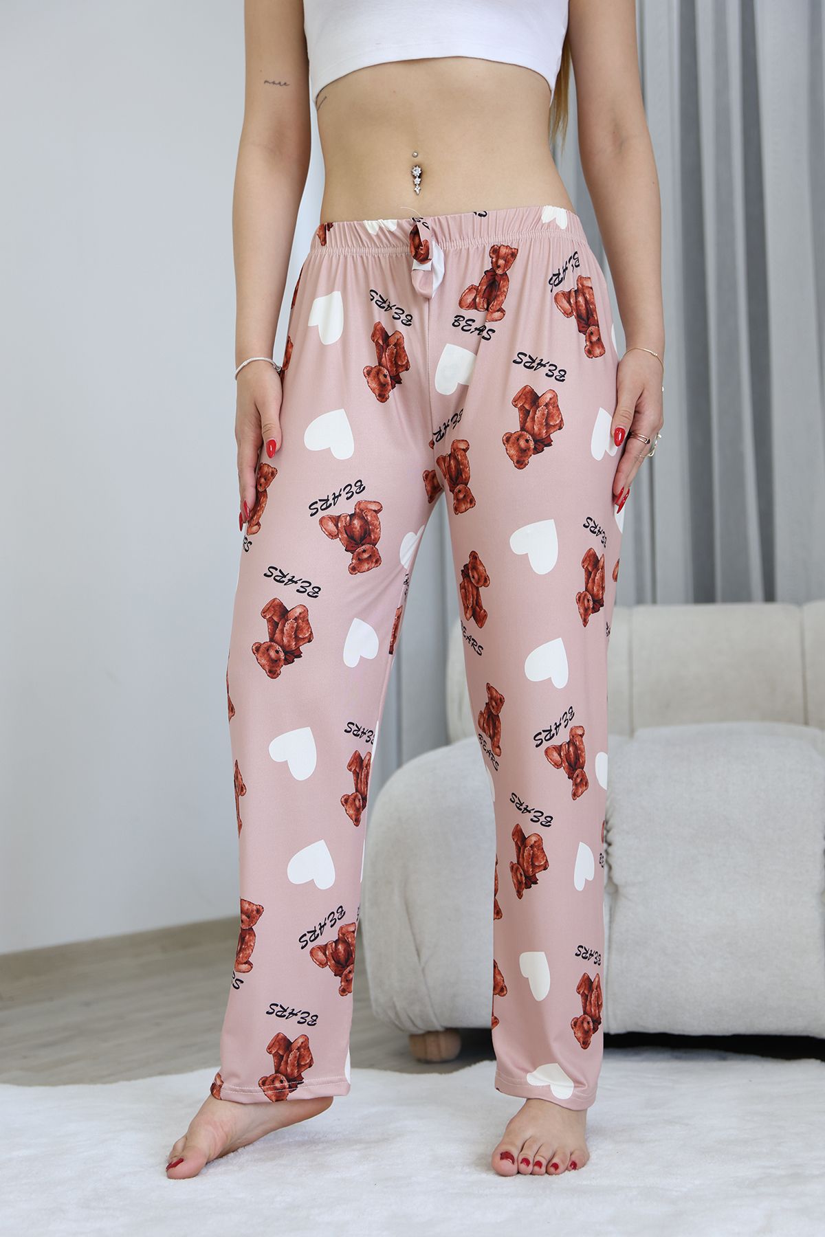 Arvin Pijama Kadın Bear And Heart Karakter Baskılı Yumuşak Dokulu Milans Pijama Altı