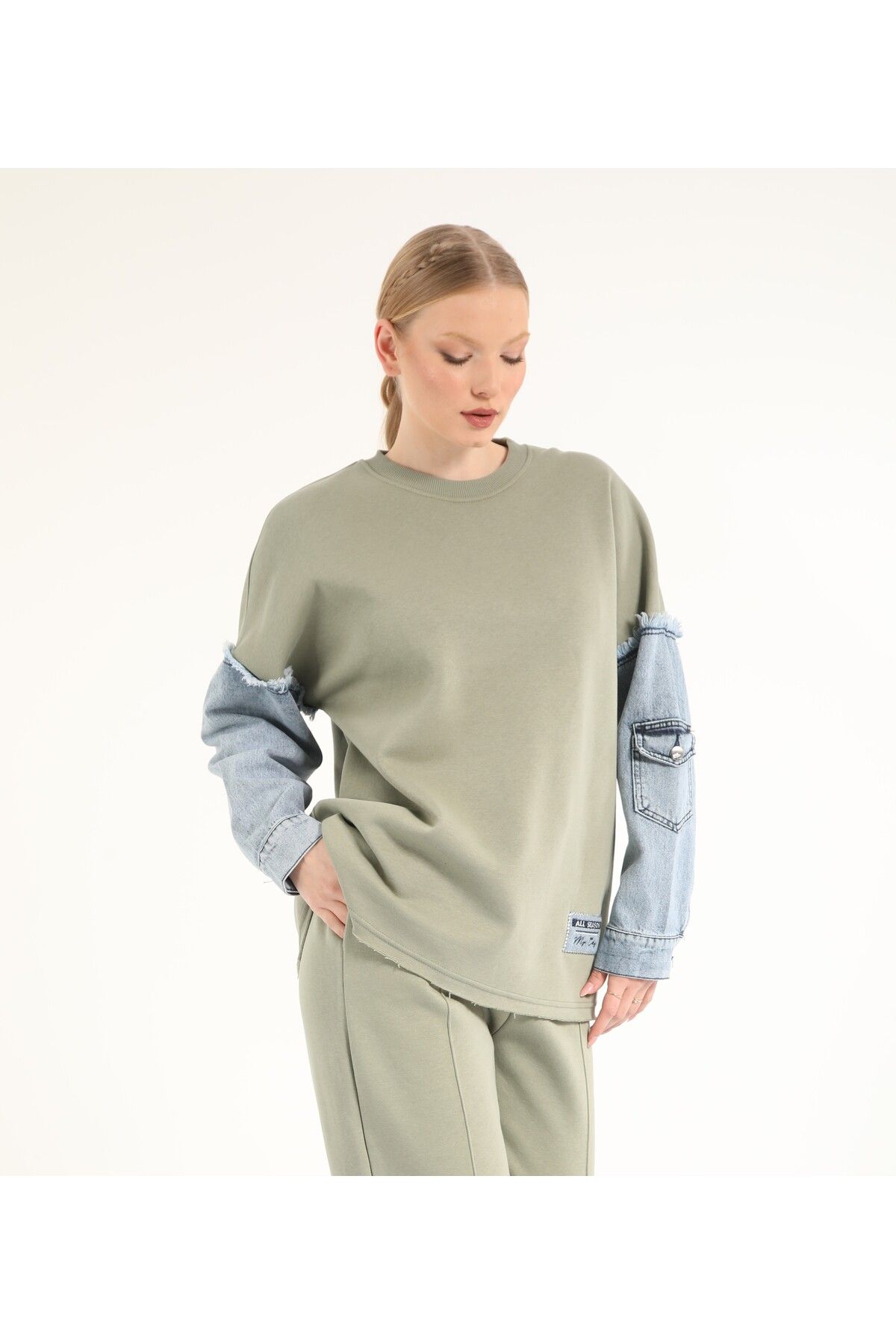 Suede Style 5301 - 3 İplik Rahat, Salaş Kolu Kot Detaylı Kadın Uzun Sweatshirt