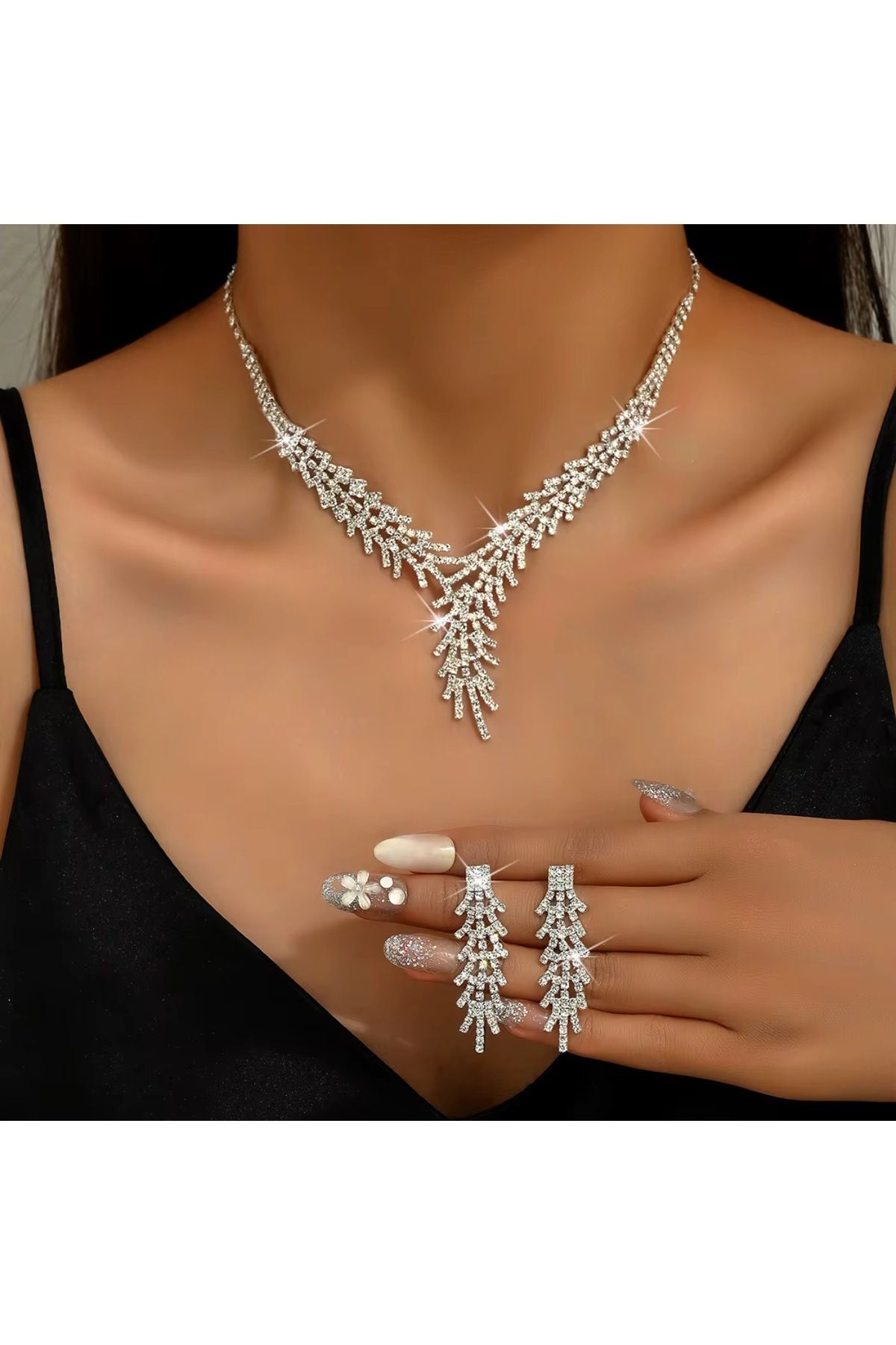 BEREN KILIÇ Agnes Kristal Taşlı Takı Seti Kolye Küpe Hediye Set Düğün Nişan Söz Nikah Takı Seti