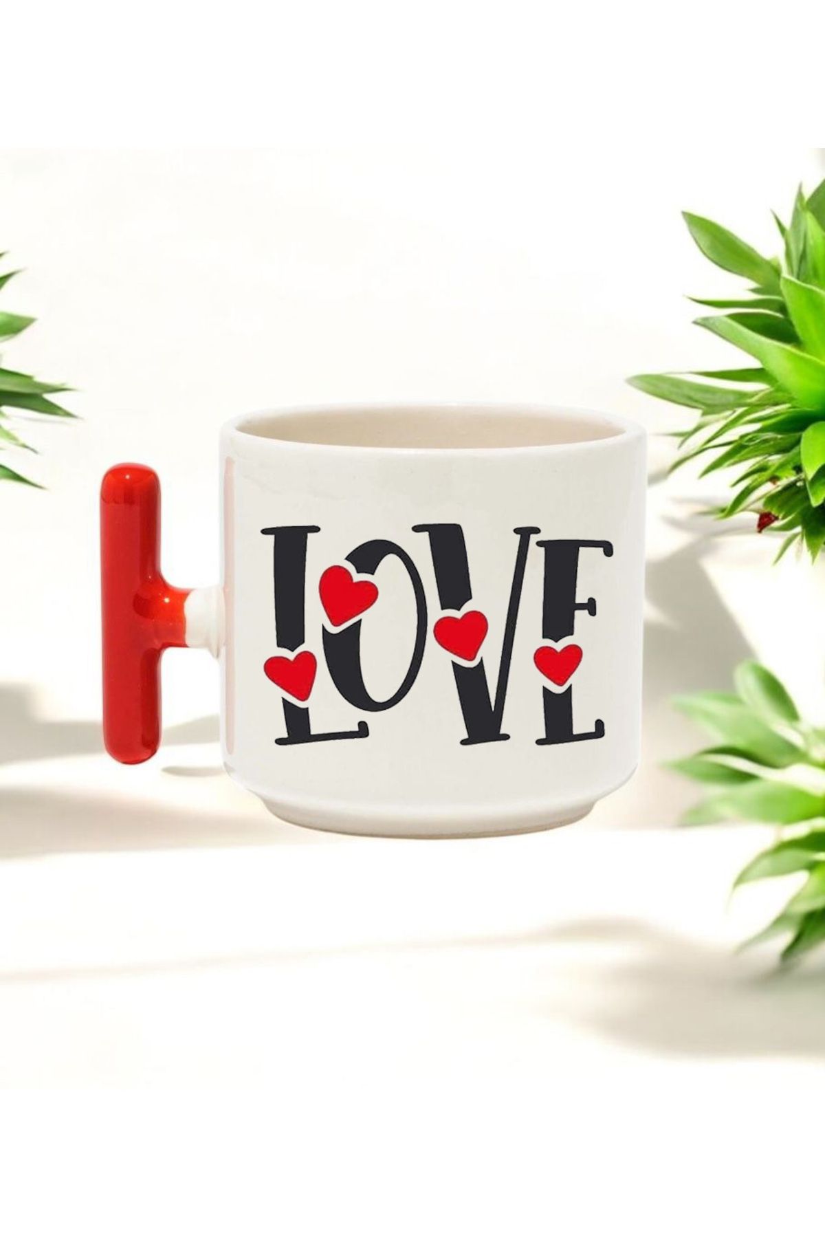 BB TRADE Love Tasarımlı Kırmızı T Kulplu Seramik Baskılı Kupa Bardak 250 ML