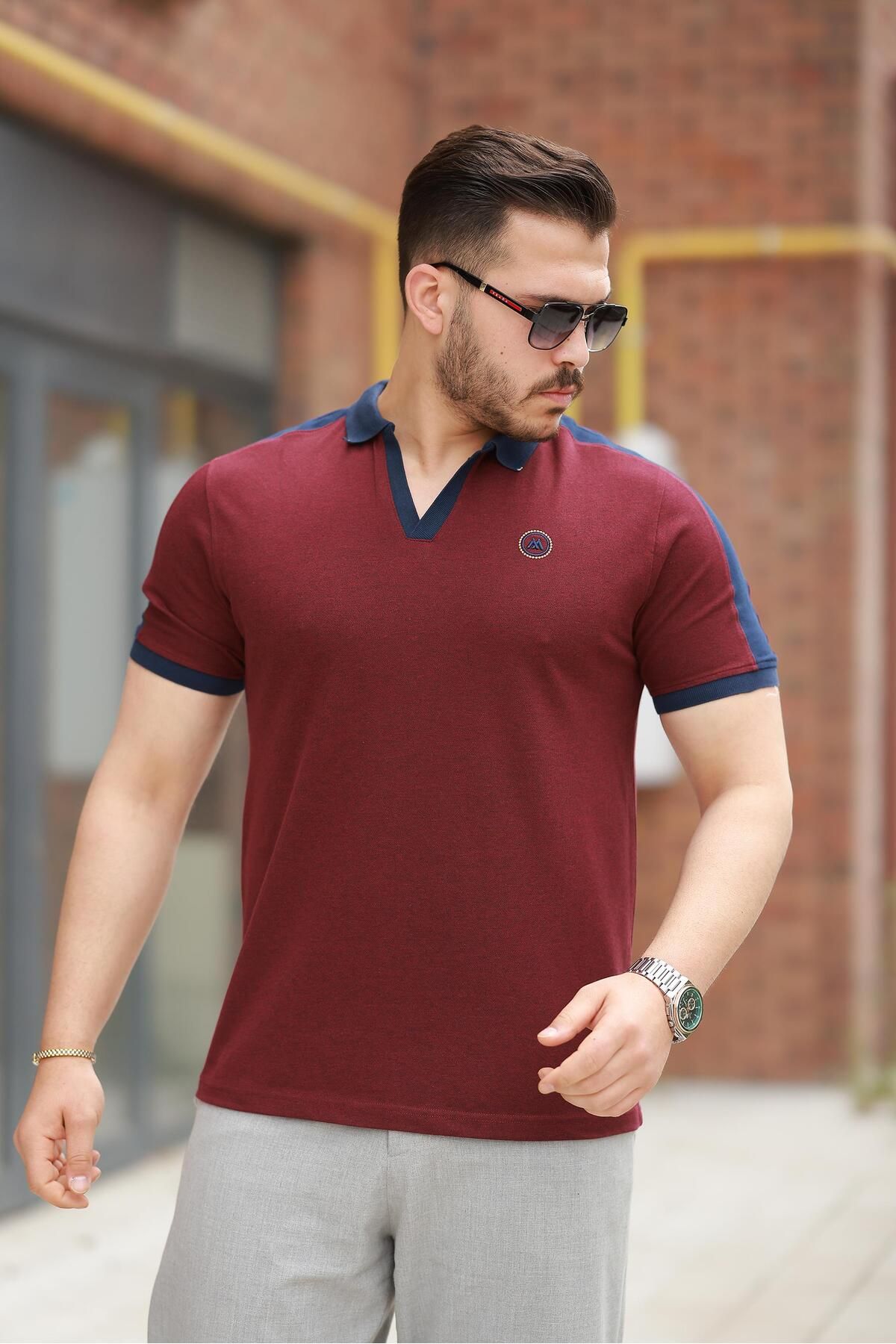 Miron Bordo Nakışlı V Polo Yaka Kısa Kollu Tişört-2524