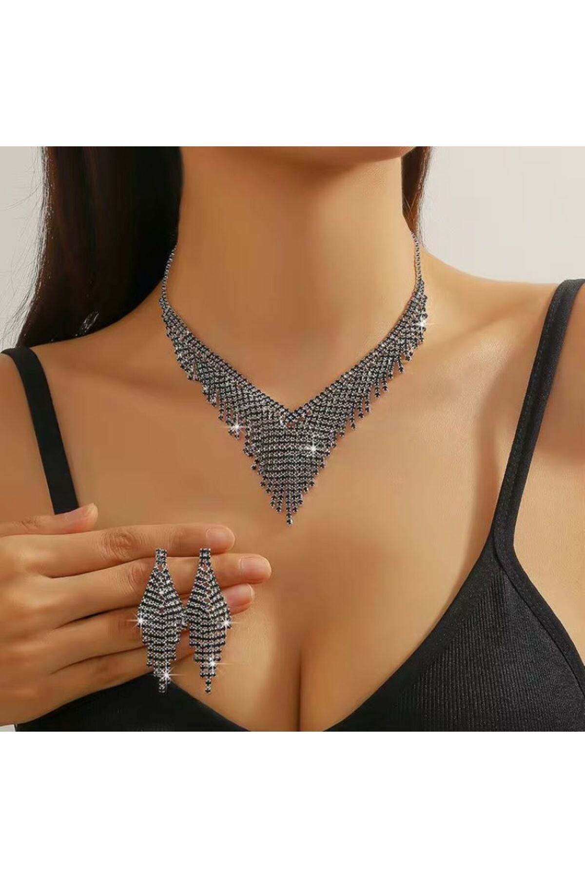 BEREN KILIÇ Dilruba Kristal Siyah Taşlı Takı Seti Kolye Küpe Hediye Set Düğün Nişan Söz Nikah Takı Seti