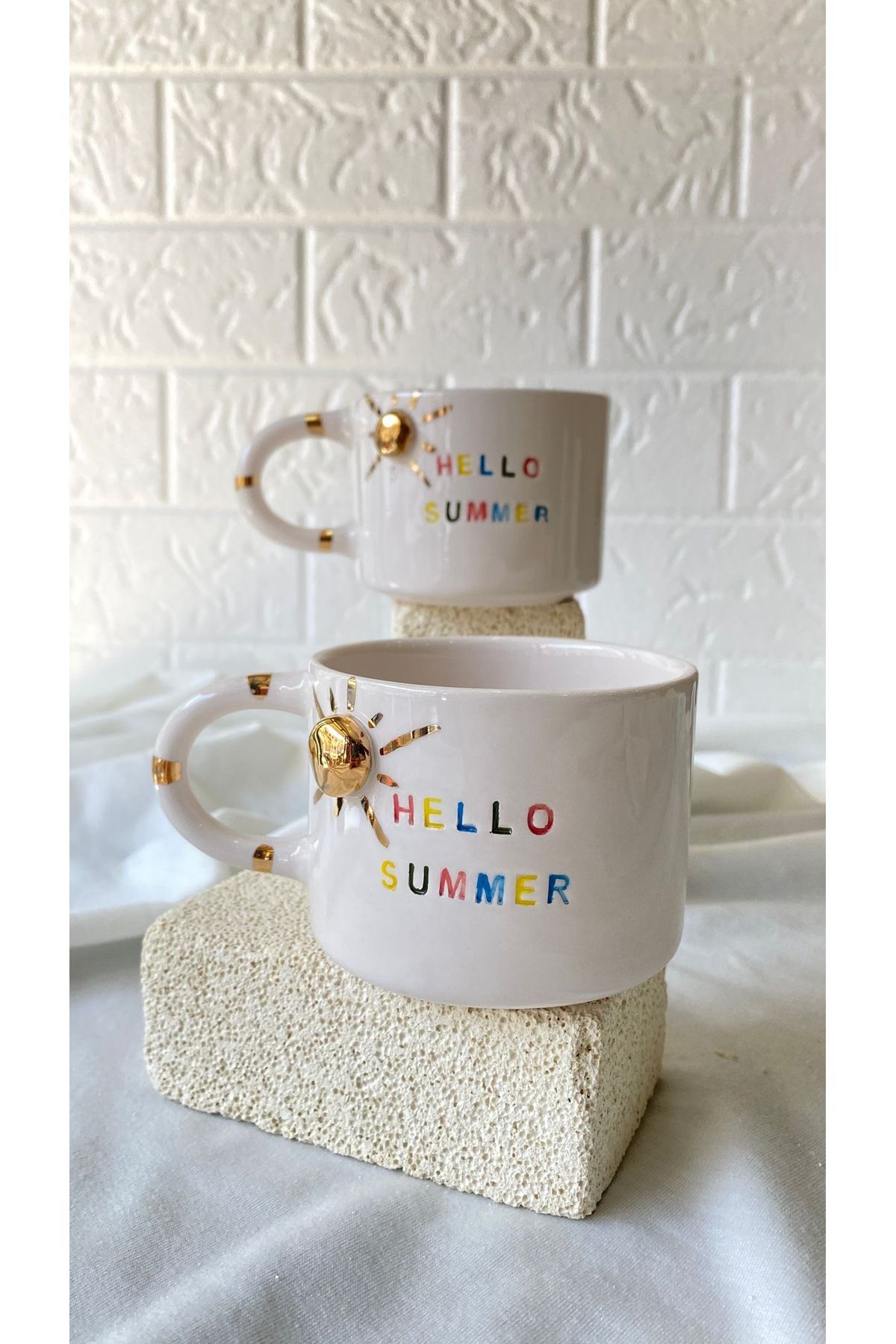 MERVEOKTAYSERAMİK El Yapımı Seramik 24K Altın Detaylı Hello Summer Yazılı mug
