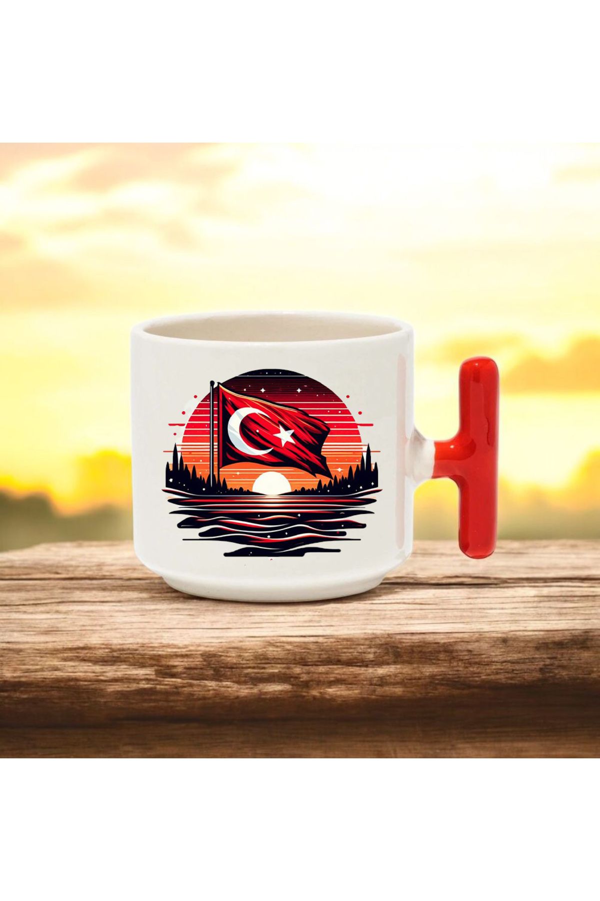 BB TRADE Türk Bayrağı Tasarımlı Kırmızı T Kulplu Seramik Baskılı Kupa Bardak 250 ML