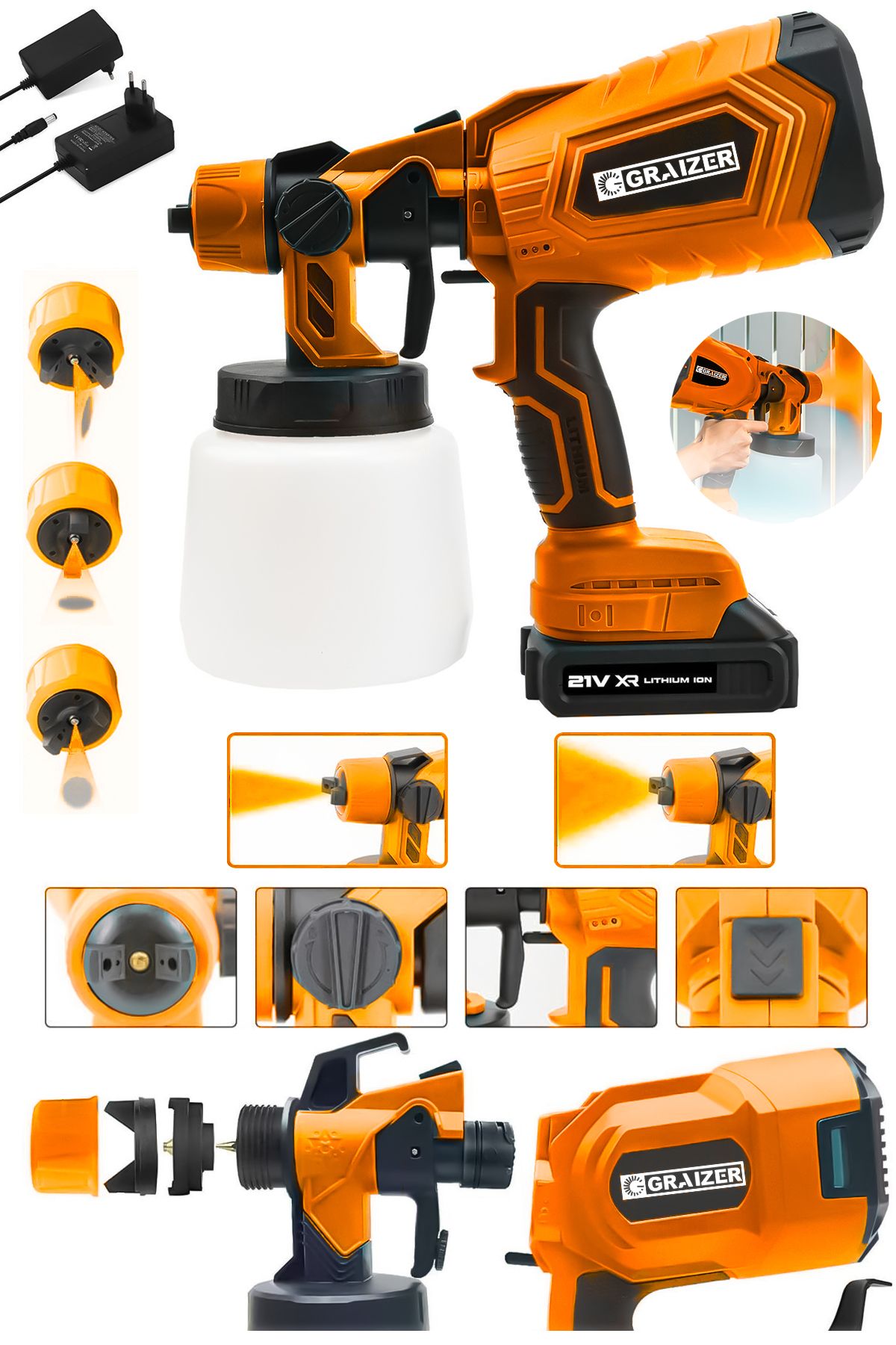 Graizer Powerforge 21v Çift Akülü 300 Mm Vernik Sprey Boya Püskürtme Makinesi-Turuncu