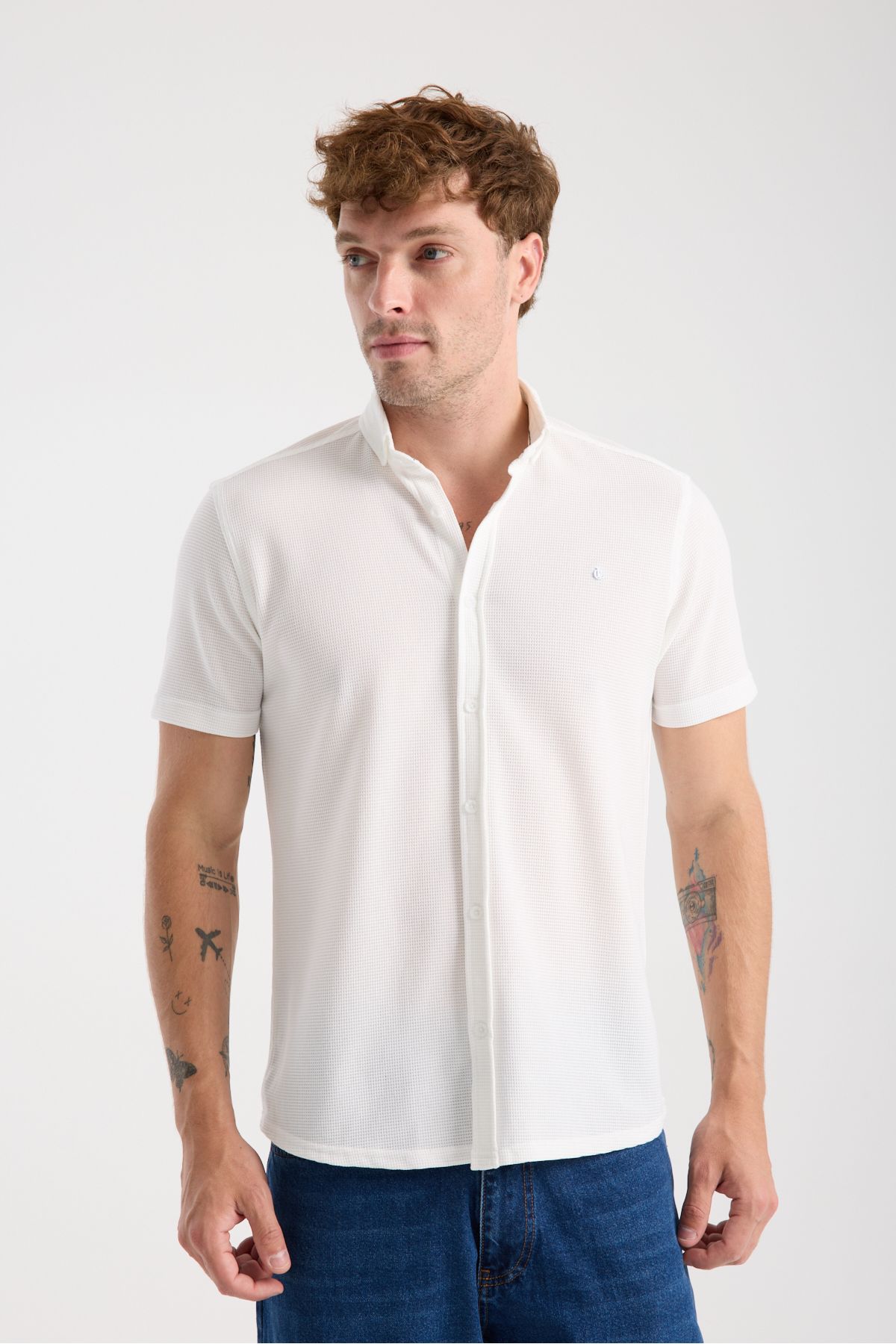 Sabe Erkek Slim Fit Likralı Nefes Alan Örme Kısa Kol Gömlek