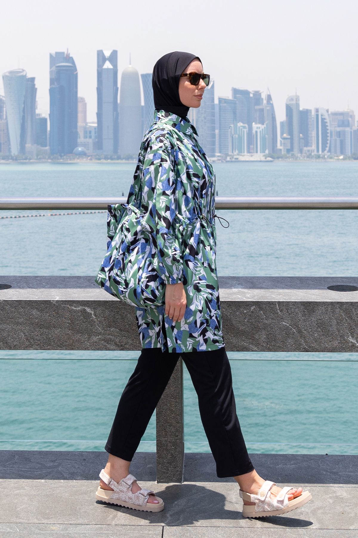 Minel-Women's Blue Green Full Covered Hijab Swimsuit Short Set of 2 K-056 3