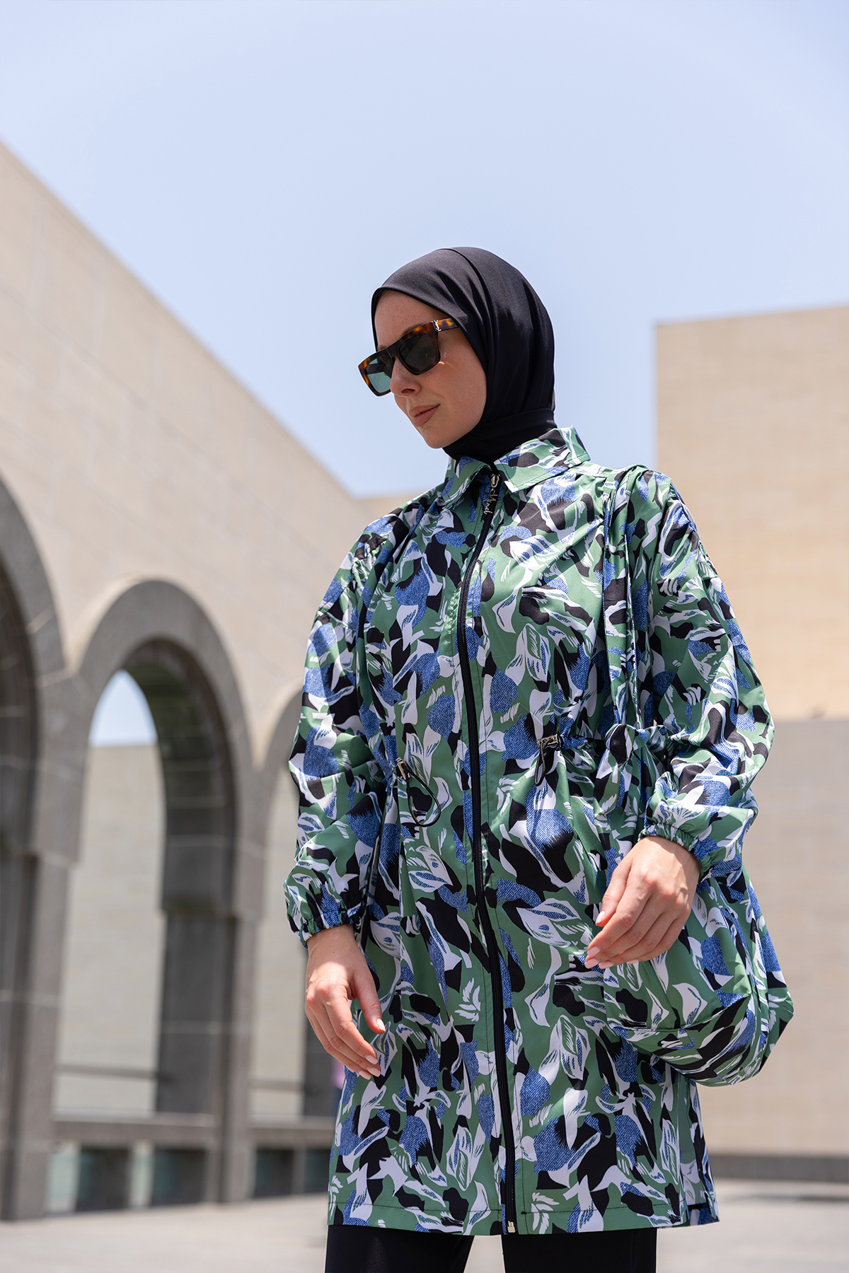 Minel-Women's Blue Green Full Covered Hijab Swimsuit Short Set of 2 K-056 6