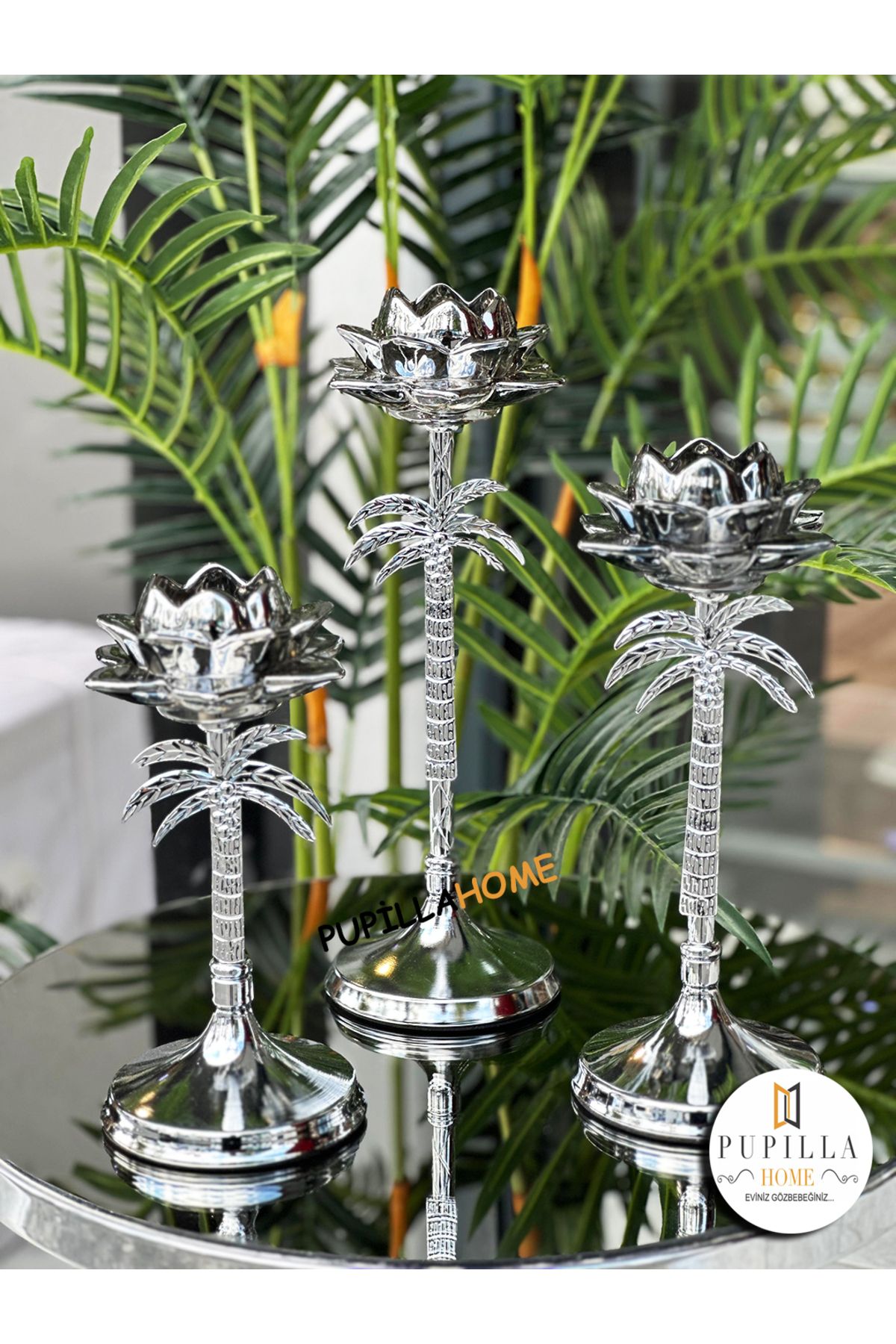 pupillahome Palmiye Kristal Metal Mumluk & Şamdan