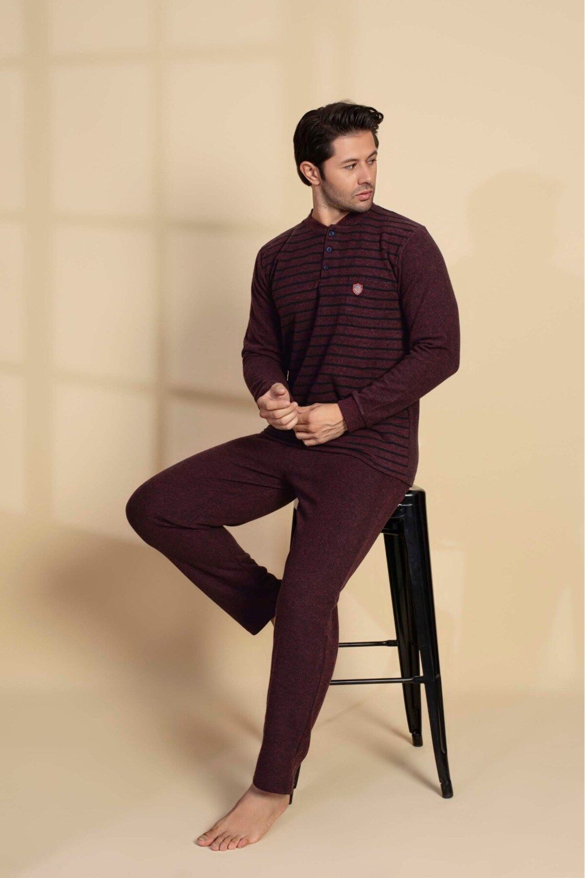 GUAVA+ Erkek 3 Düğme Uzun Kol Göğüs Cepli Selanik Kumaş Kışlık Cepli Pijama Takımı