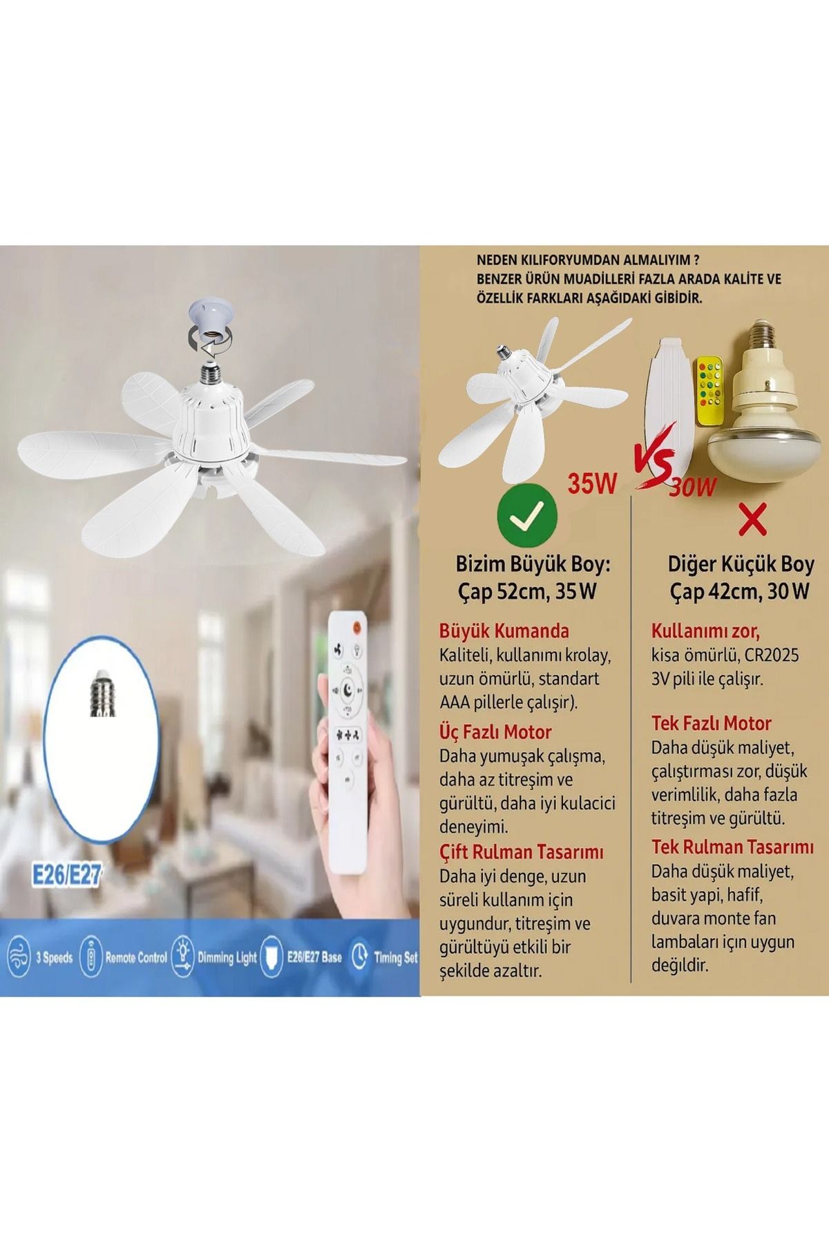 Tavan Vantilatör Kumandalı Sessiz 6 Kanatlı Işıklı E27 Duy Modern Led Aydınlatma Yeni Nesil