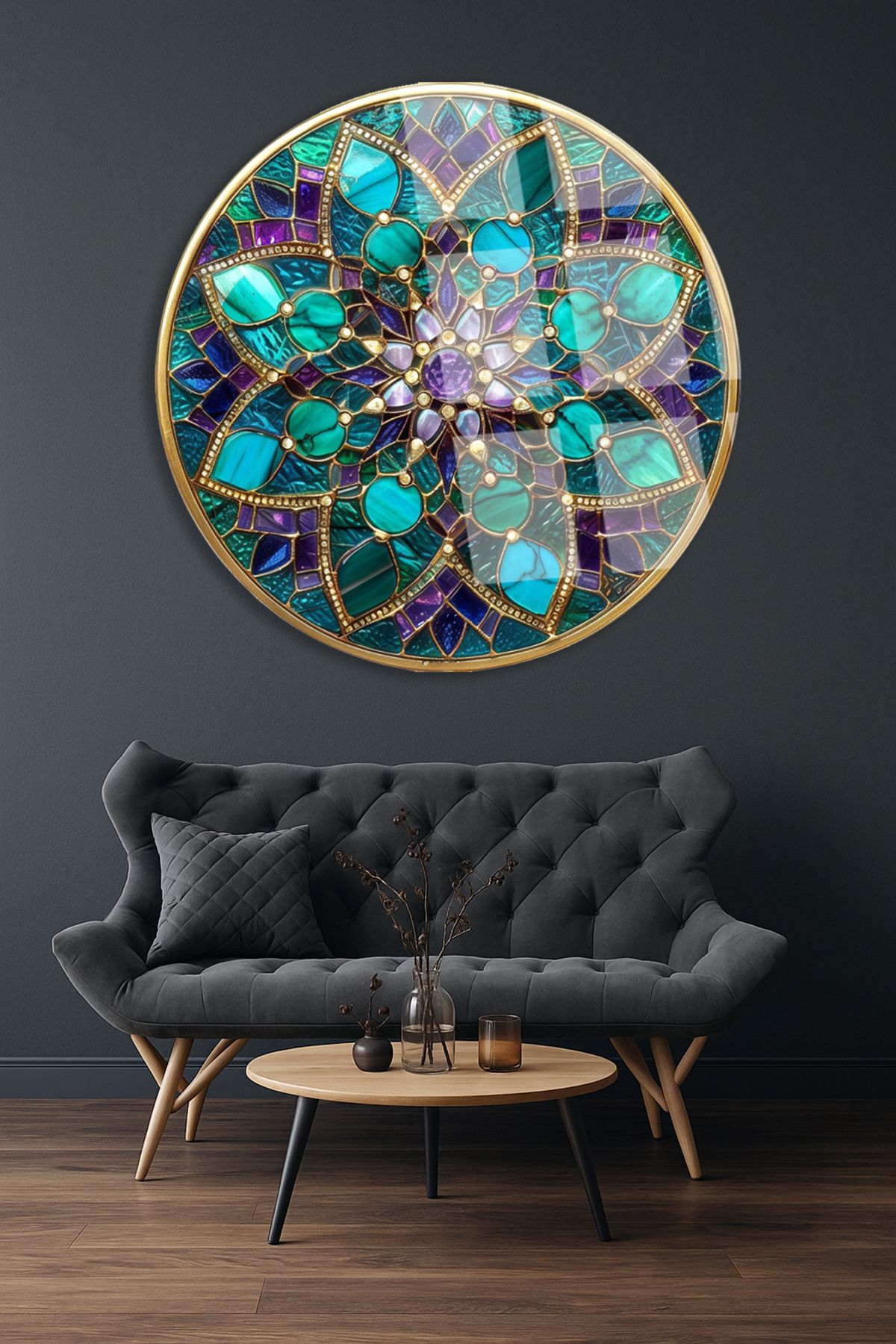 TAULART Vitray Tema Altın Çerçeveli Çiçek Motifli Yuvarlak Kırılmaz Cam Tablo Modern Tablo Ev Hediyesi Tablo