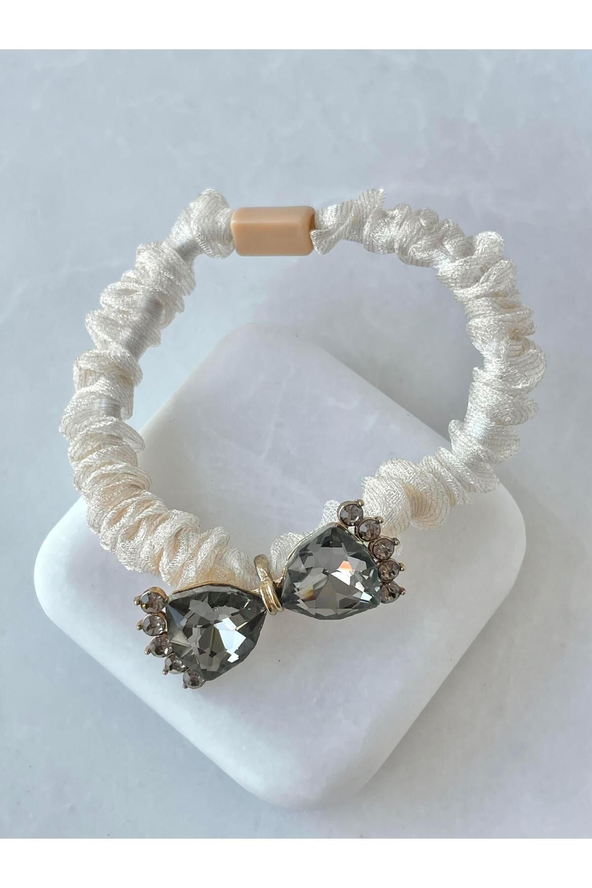 Seda Bijuteri Kristal Fiyonk Tül Scrunchie Toka Krem