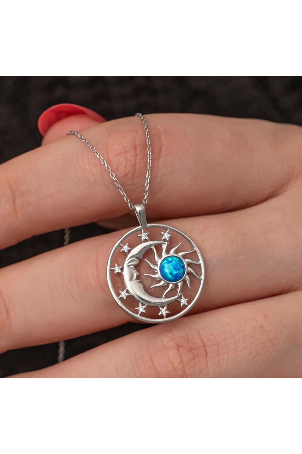 Gumush Gümüş Opal Mavi Taşlı Ay Güneş Kadın Kolye