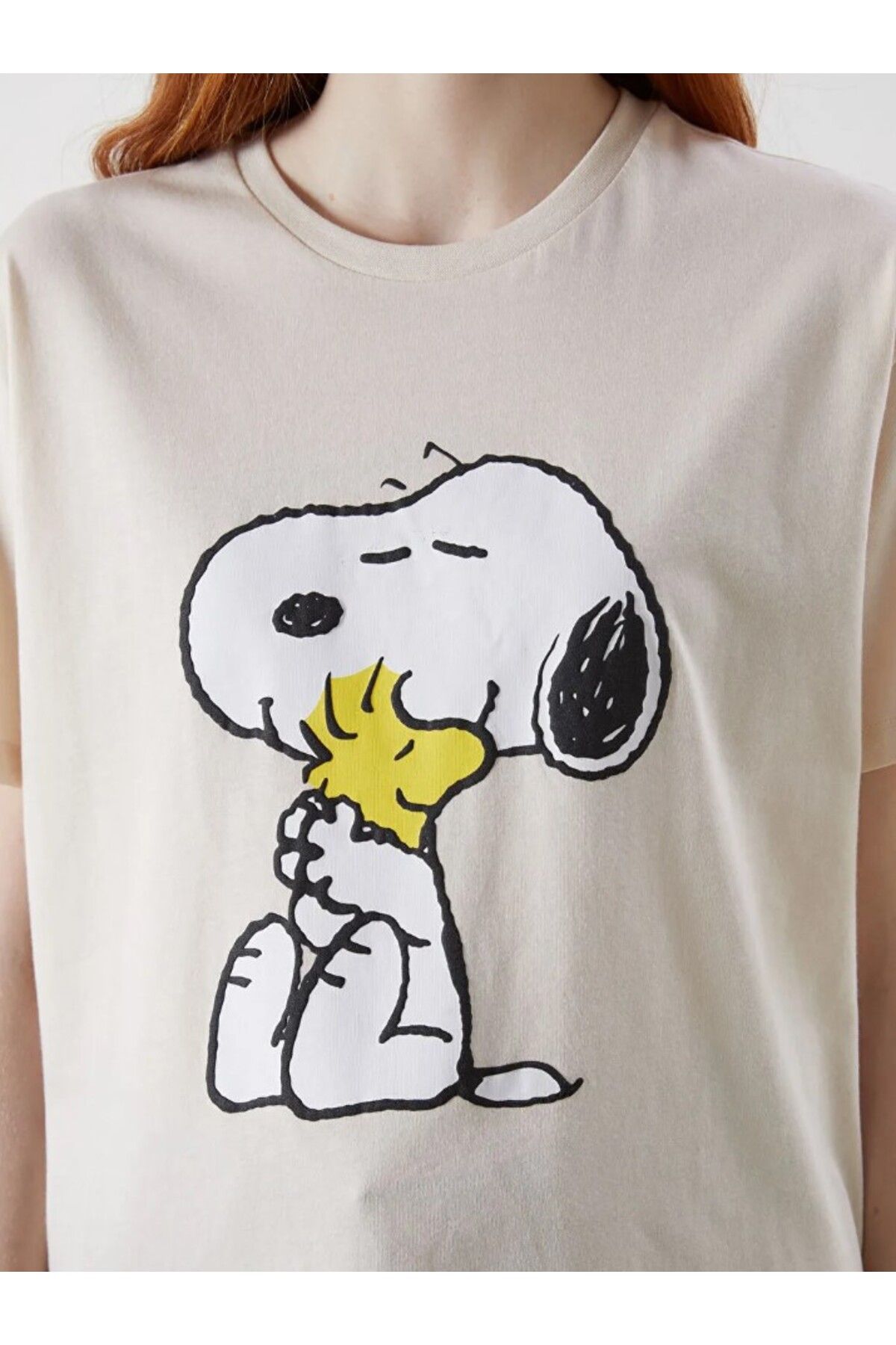 LC Waikiki XSIDE Snoopy Baskılı Kadın Tişört Bej Bisiklet Yaka