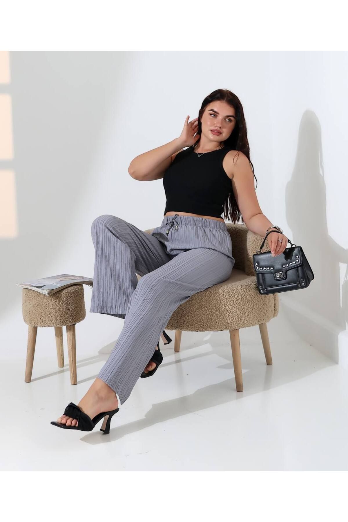 NovaRopa Kadın Gri Beli Lastikli Bol Paça Pantolon-10LN0128