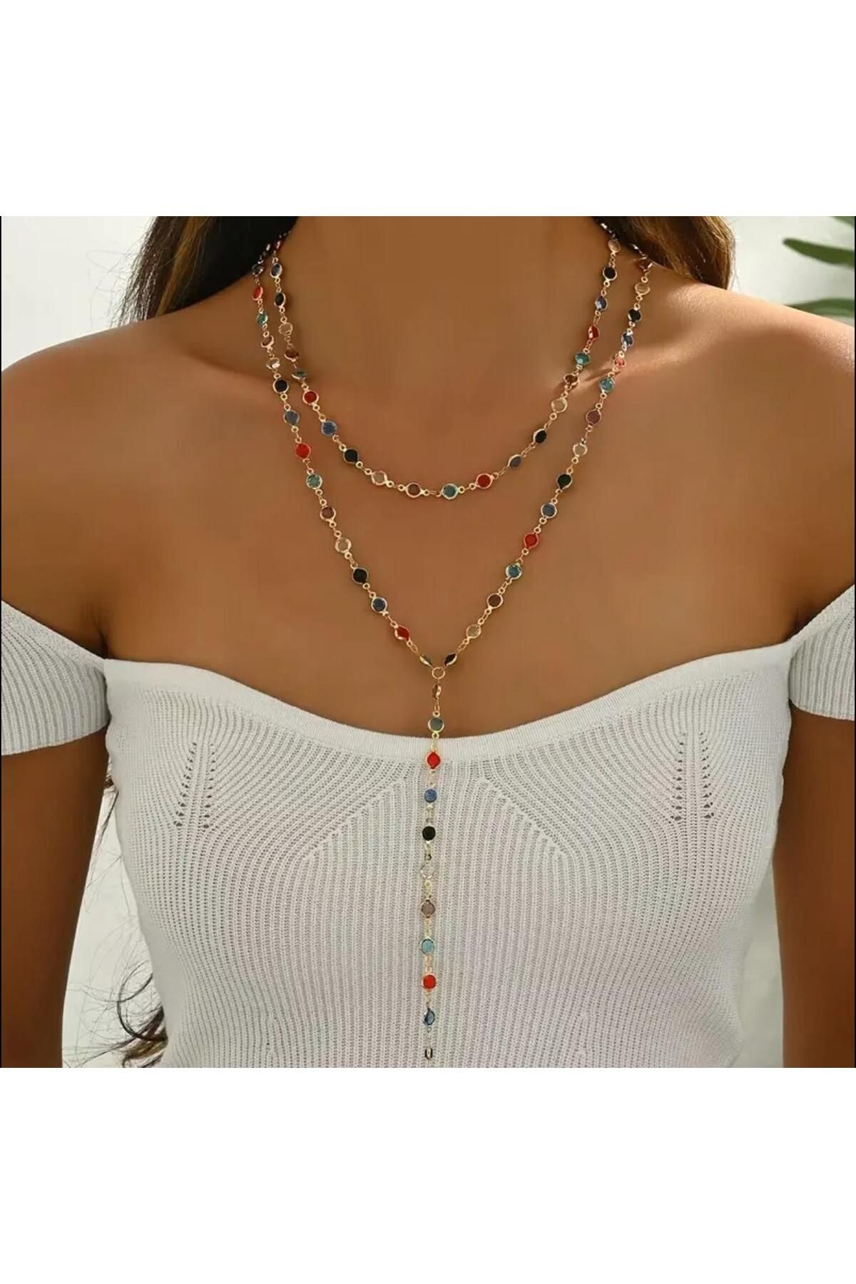 My Life Accessory Trend Renkli Taşlı Çelik Y Kolye 2 Li Takım