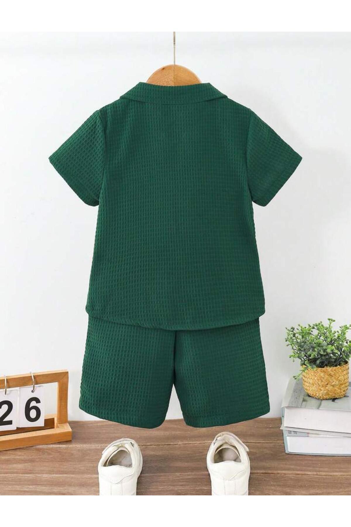 Bubito V Yaka Gömlek Detaylı Pamuklu Waffle Şort Takım-Haki fotoğrafı 3 (önizleme)