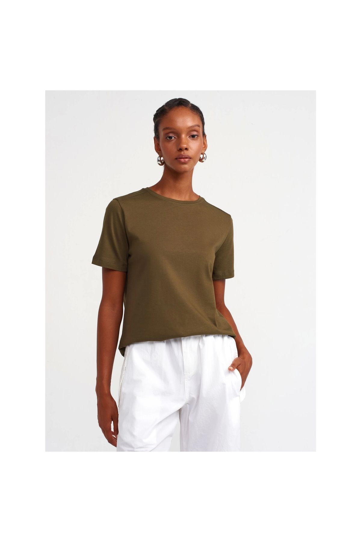 OllaCollection Bisiklet Yaka Pamuklu T-shirt-Haki