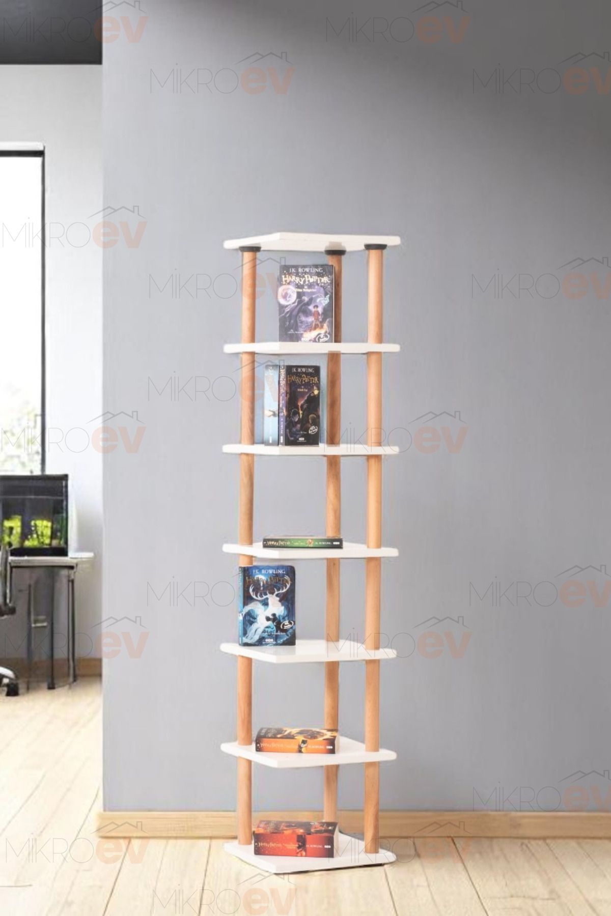MikroEv Pia Beyaz Çok Amaçlı 7 Raflı Köşe Kitaplık 33*30