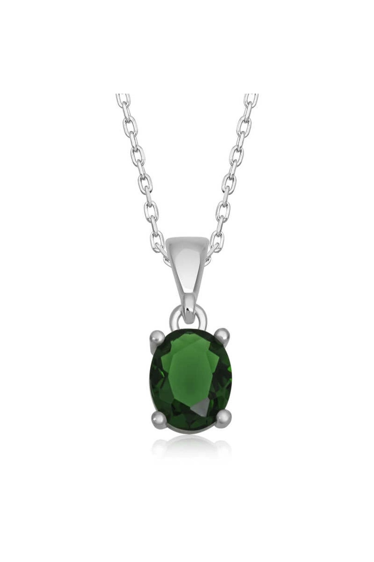 Gumush Gümüş Yeşil Kristal Oval Taşlı Kadın Kolye