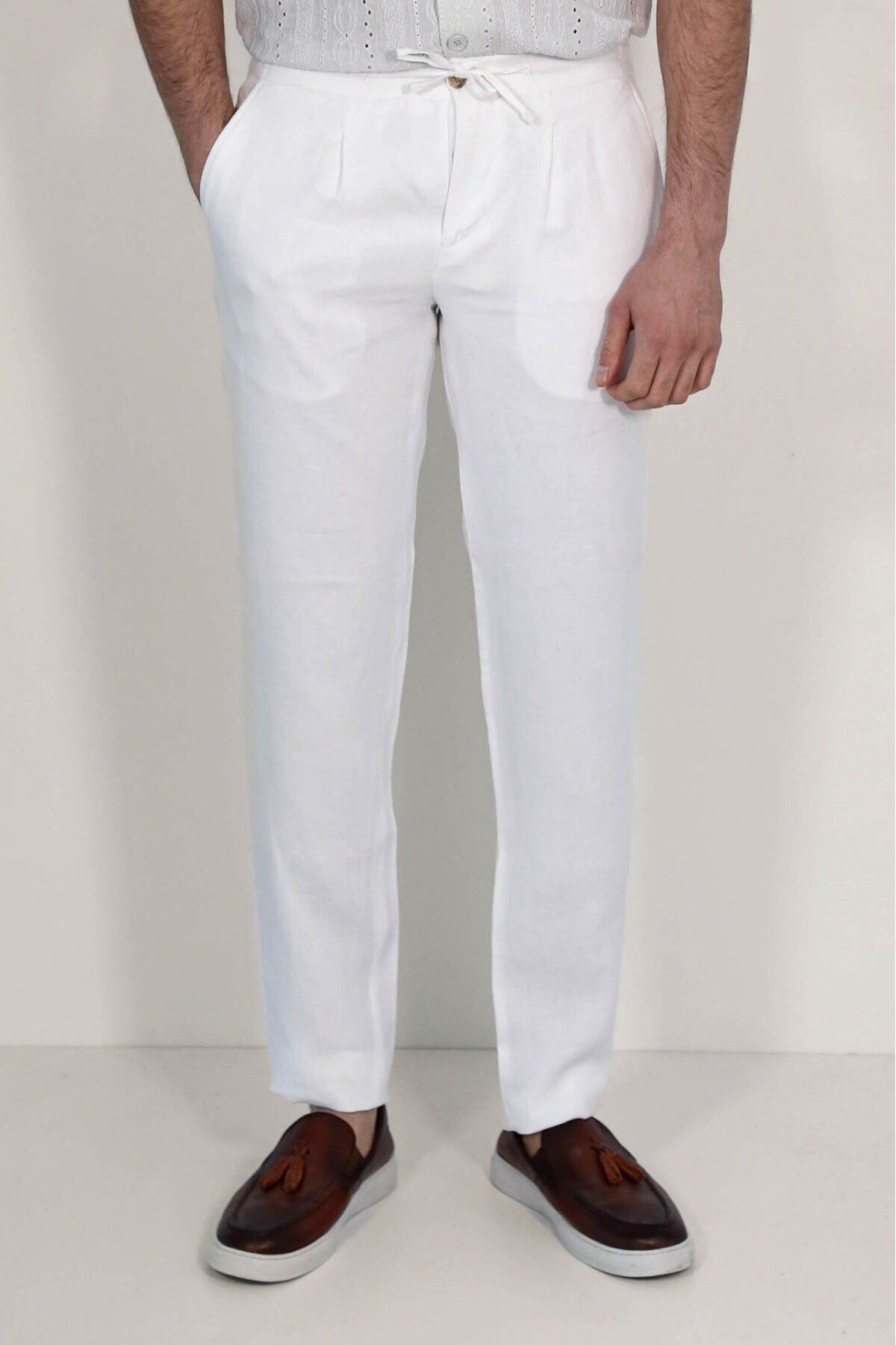 Velvarde KETEN JOGGER+İPLİ LASTLİKLİ PANT. BEYAZ
