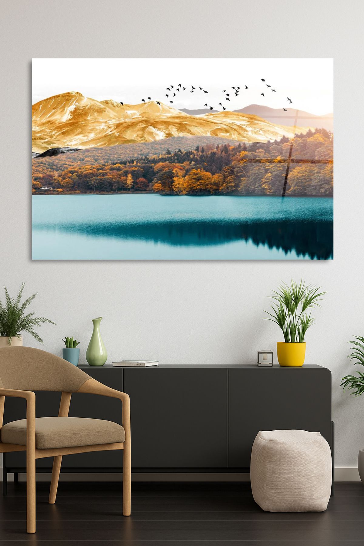 TAULART Altın Dağ Yatay Manzara Tablosu Kırılmaz Cam Tablo Modern Tablo Ev Hediyesi Tablo